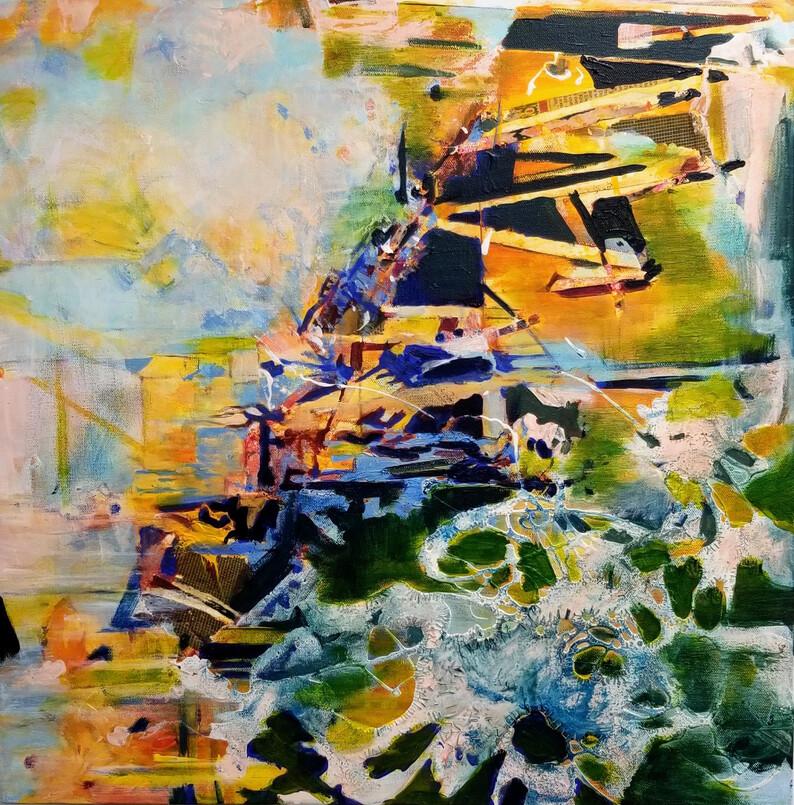 This 24" x 24" mixed media work by Washington based artist, Janice Tayler presents a vibrant, layered composition that exemplifies contemporary abstract expressionism. The piece combines acrylic paint, ink, and newspaper collage on canvas to create