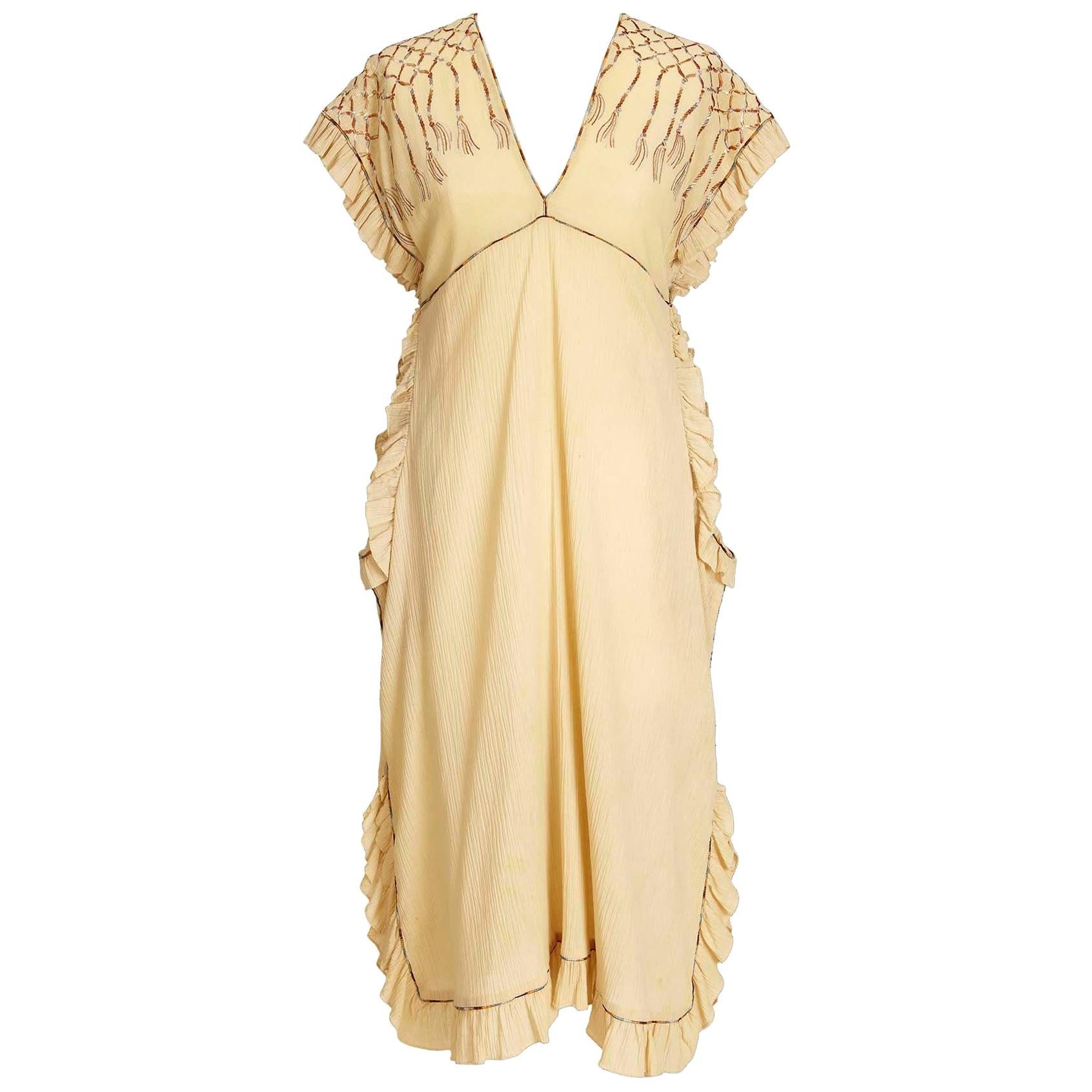 Janice Wainwright 1970s Vintage Embroidered Tassel Cotton Frill Side Tie Dress 
