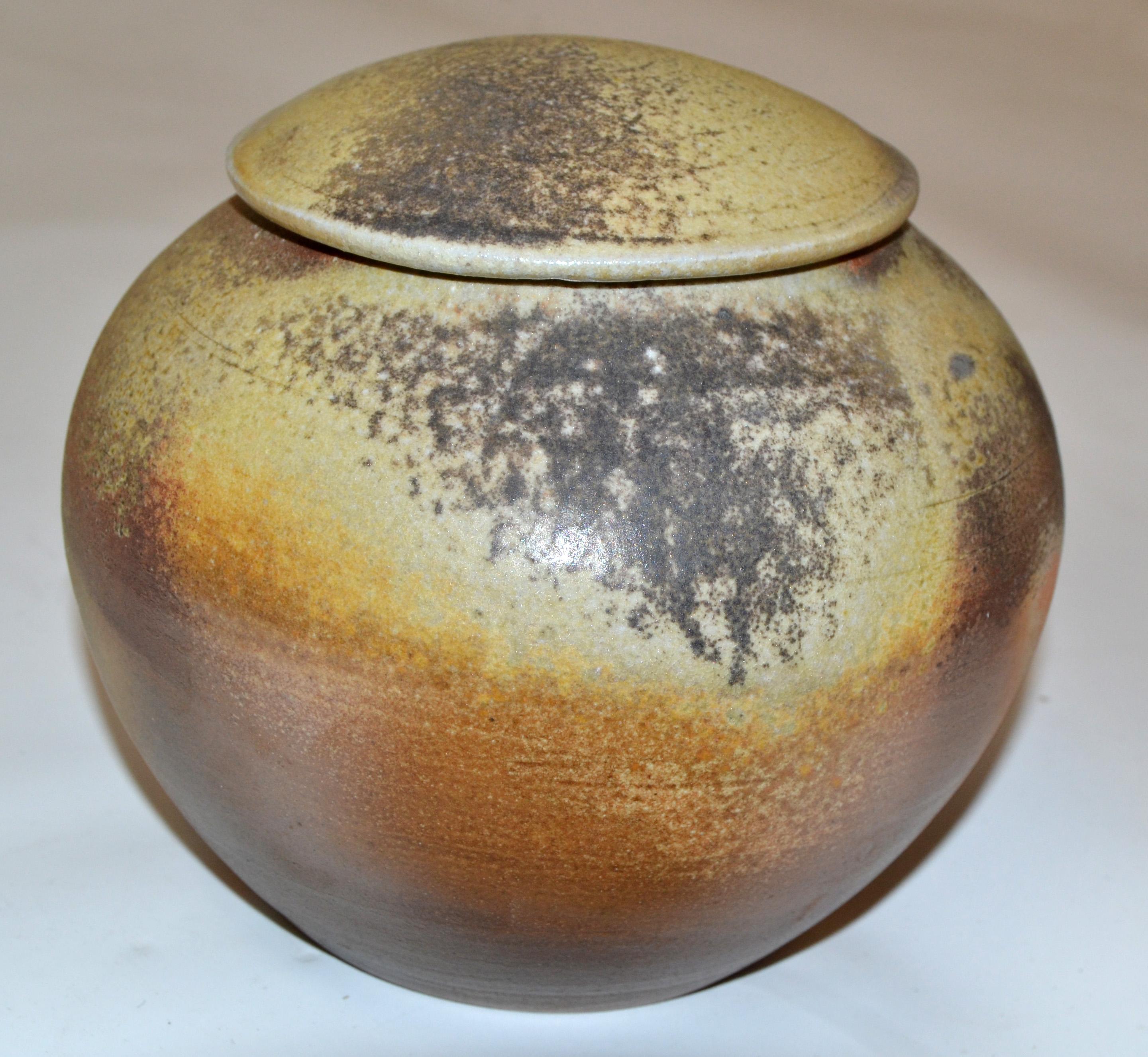 Folk Art Janice Weisler Vintage Earthenware Handcrafted Lidded Bowl Hues of Brown America For Sale