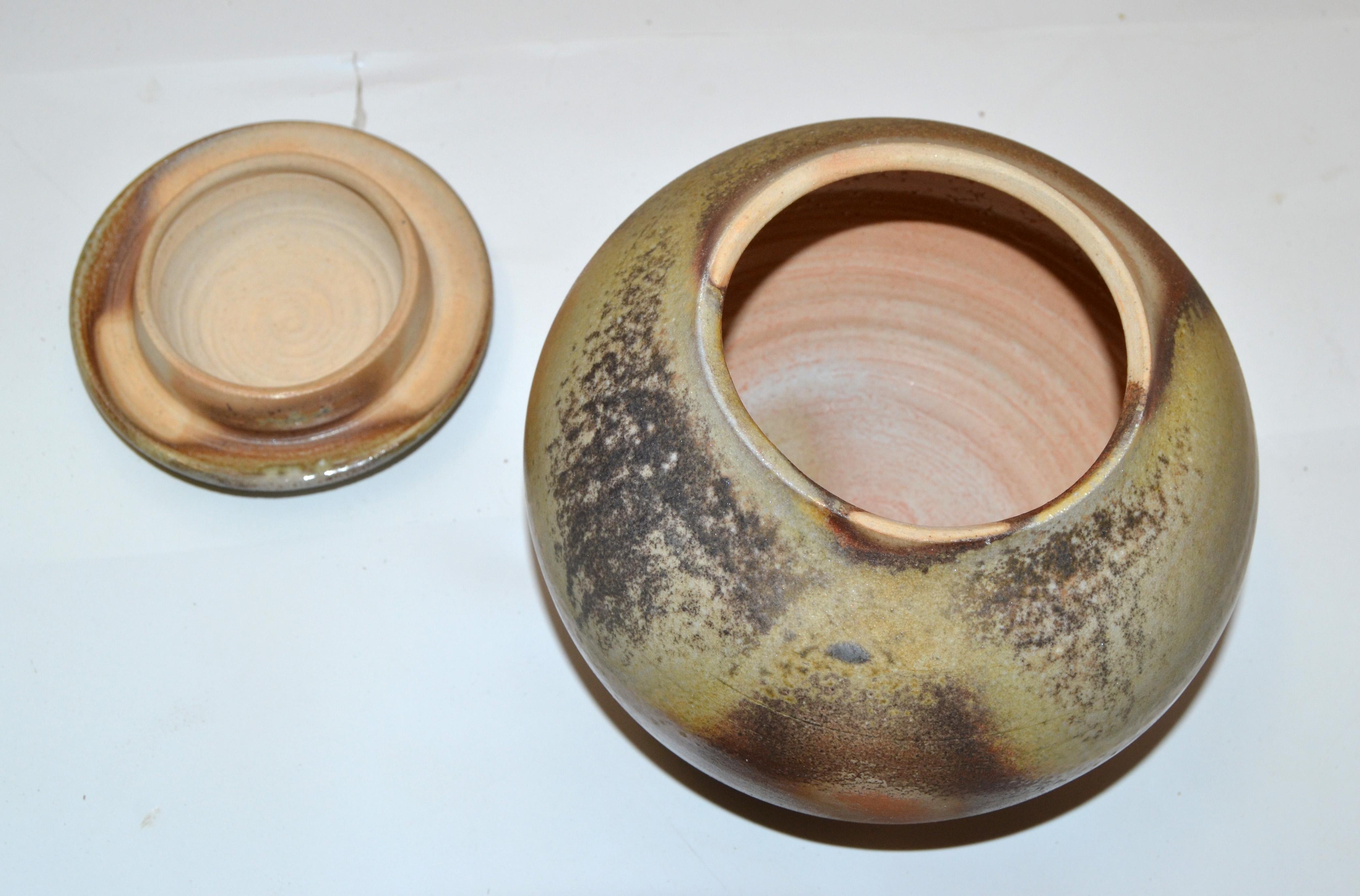 Glazed Janice Weisler Vintage Earthenware Handcrafted Lidded Bowl Hues of Brown America For Sale