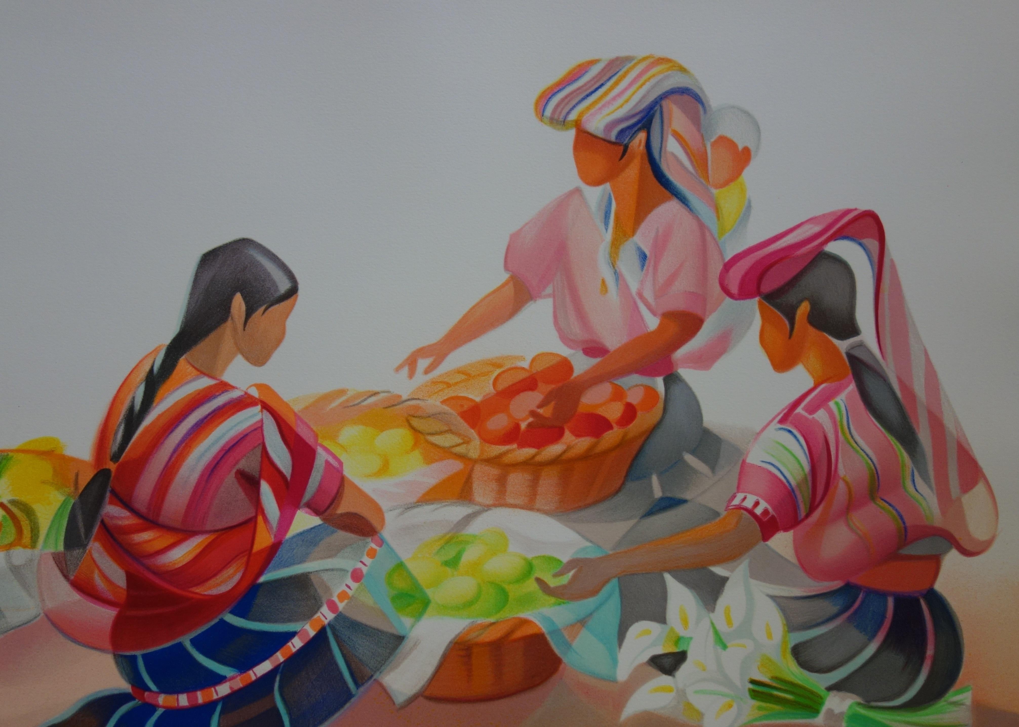 Bunter Markt - Original handsignierte Lithographie (Moderne), Print, von Janick Lederle