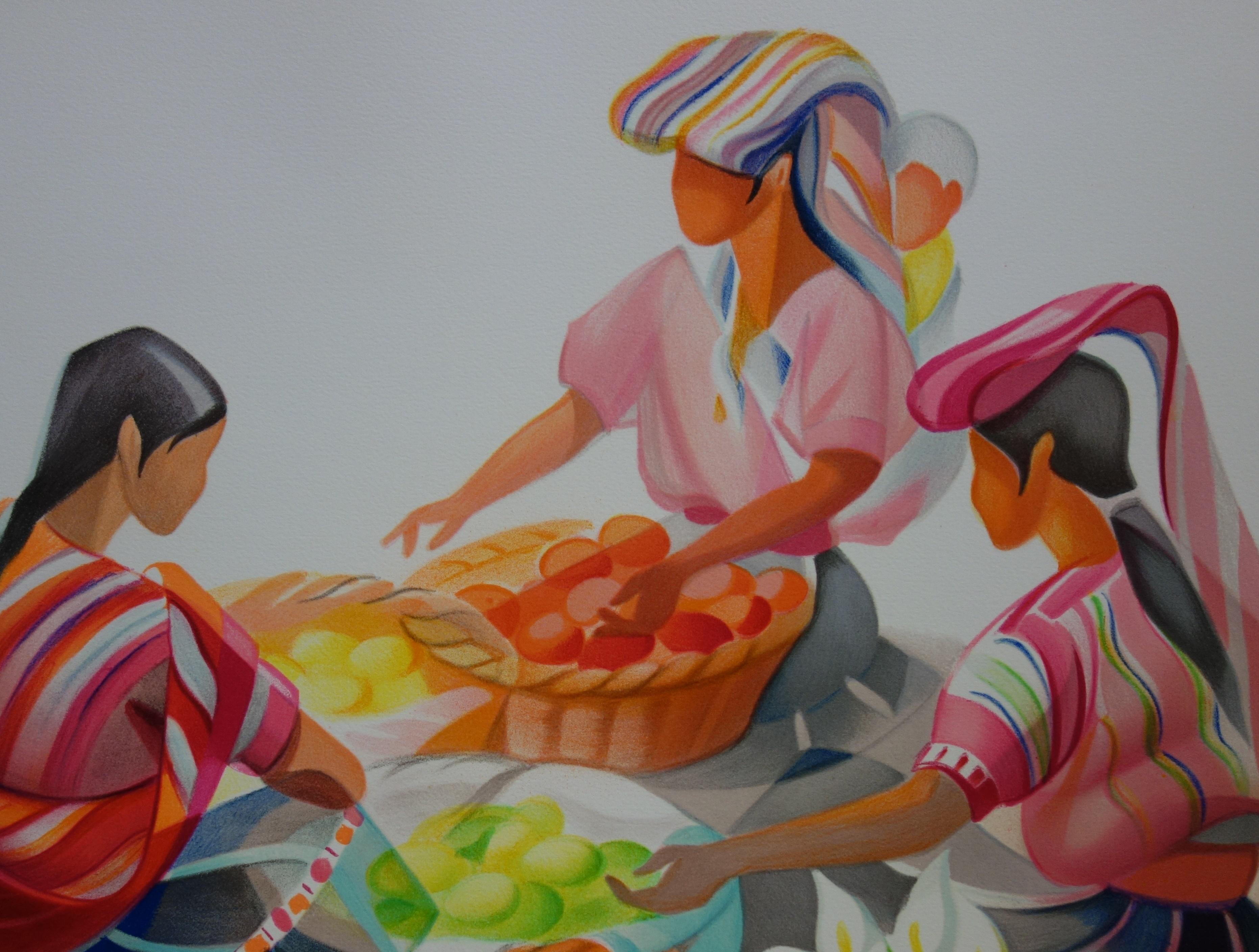 Bunter Markt - Original handsignierte Lithographie (Grau), Figurative Print, von Janick Lederle