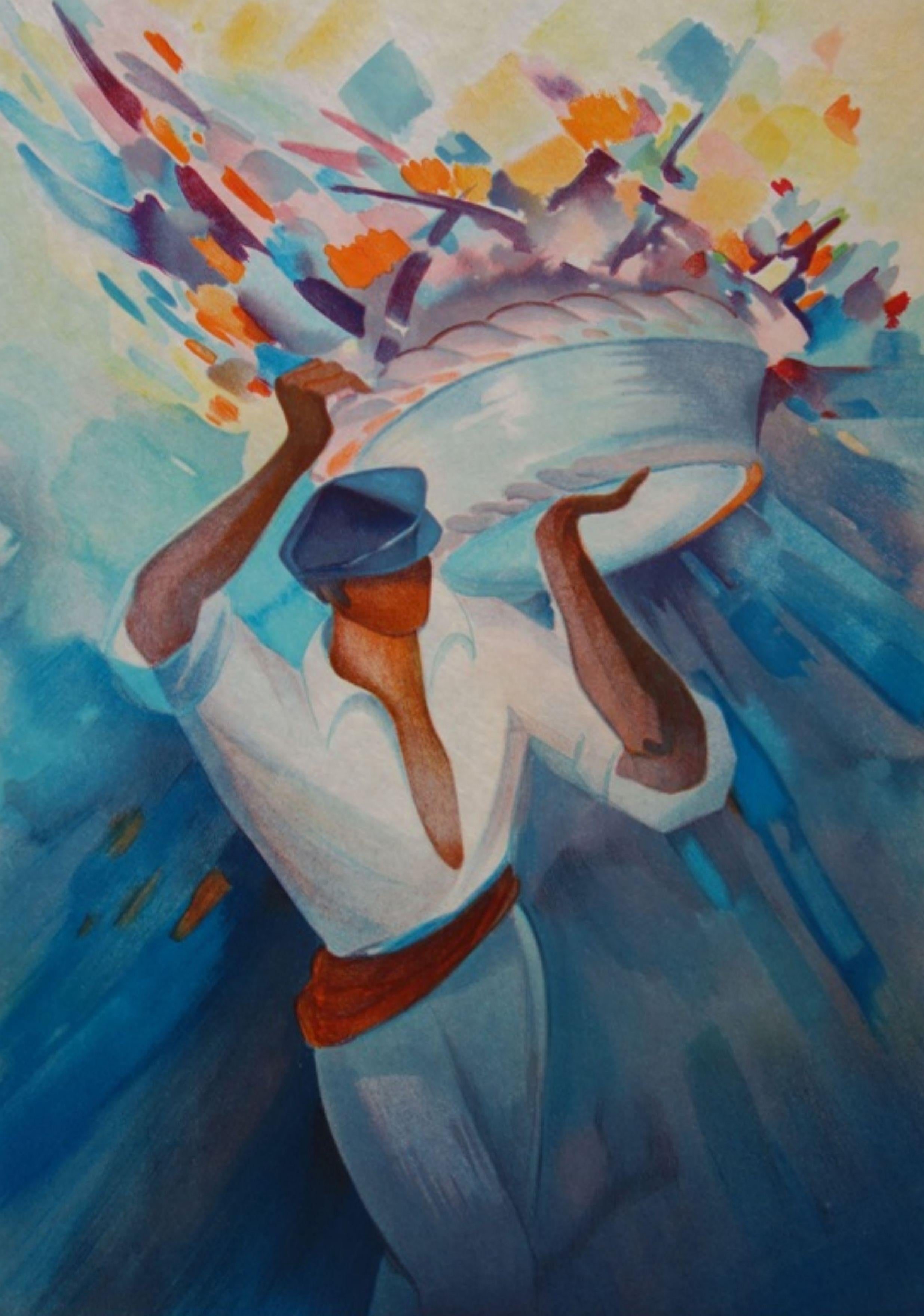 Fantastic Basket  - Original handsigned lithograph - Gray Portrait Print by Janick Lederle