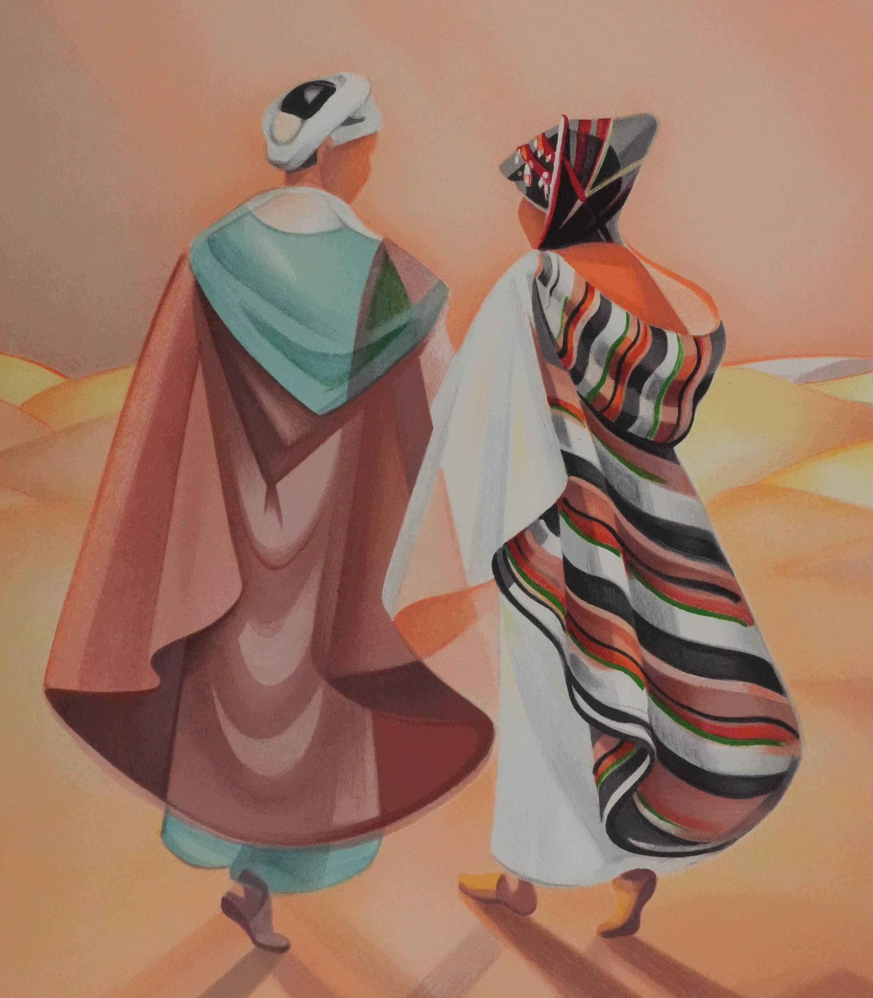 Figures in the Desert - Original Handsigned Lithograph - Brown Landscape Print by Janick Lederle