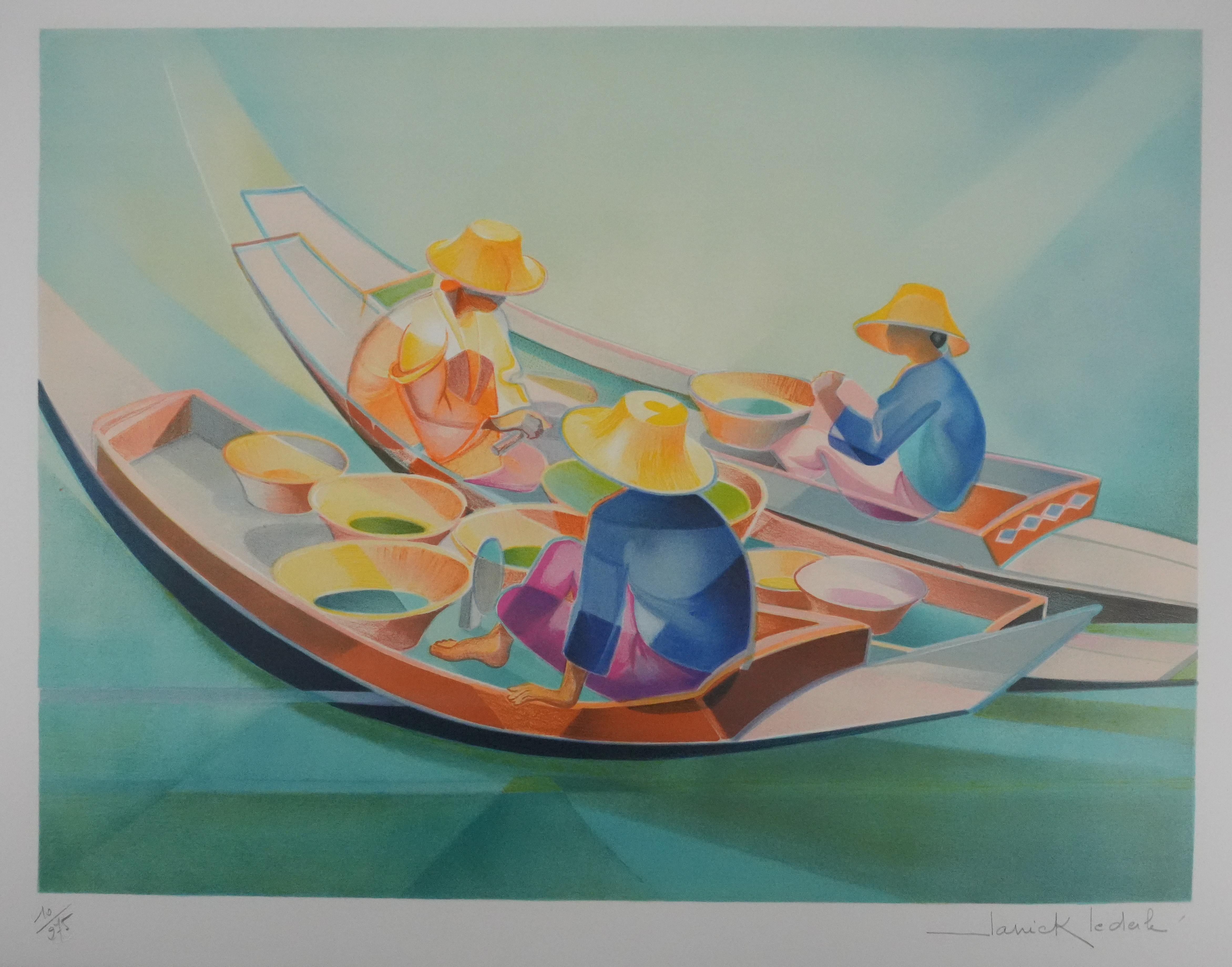 Floating Market - Original Handsigned Lithograph - Modern Print by Janick Lederle