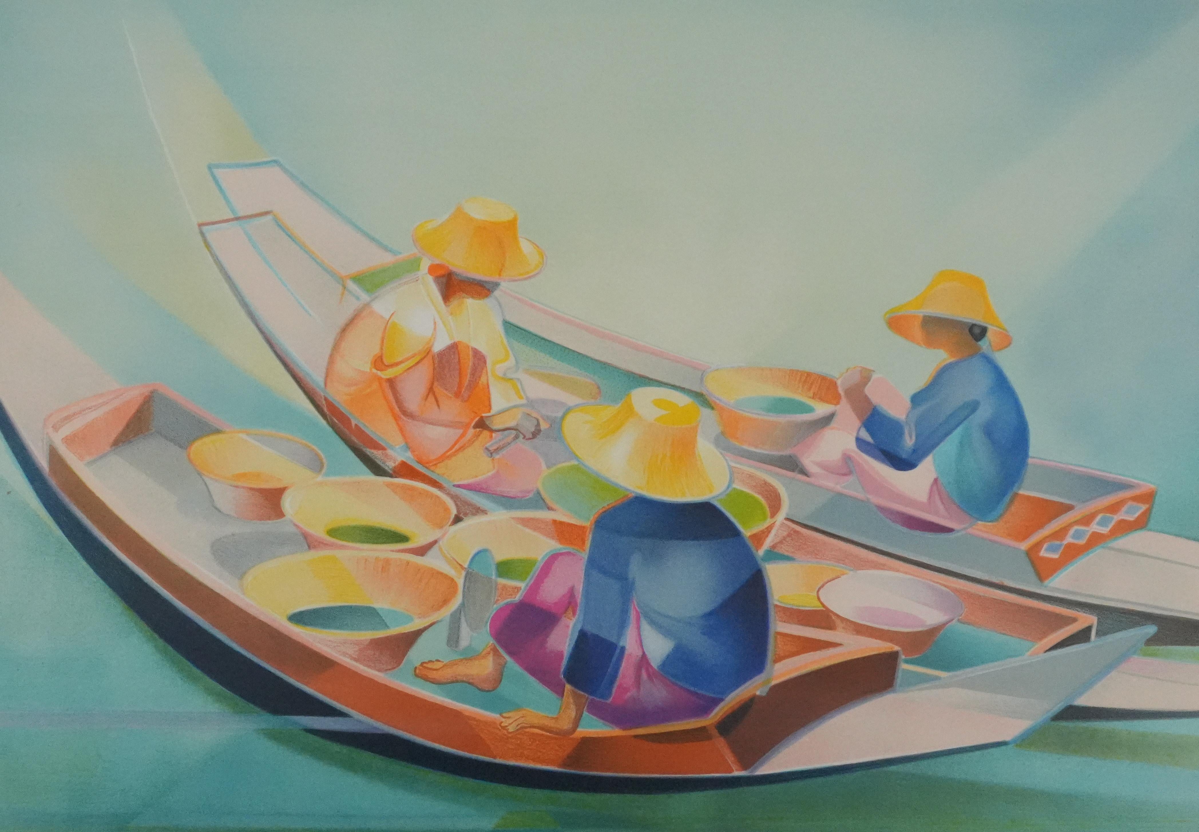 Floating Market - Original Handsigned Lithograph - Gray Figurative Print by Janick Lederle