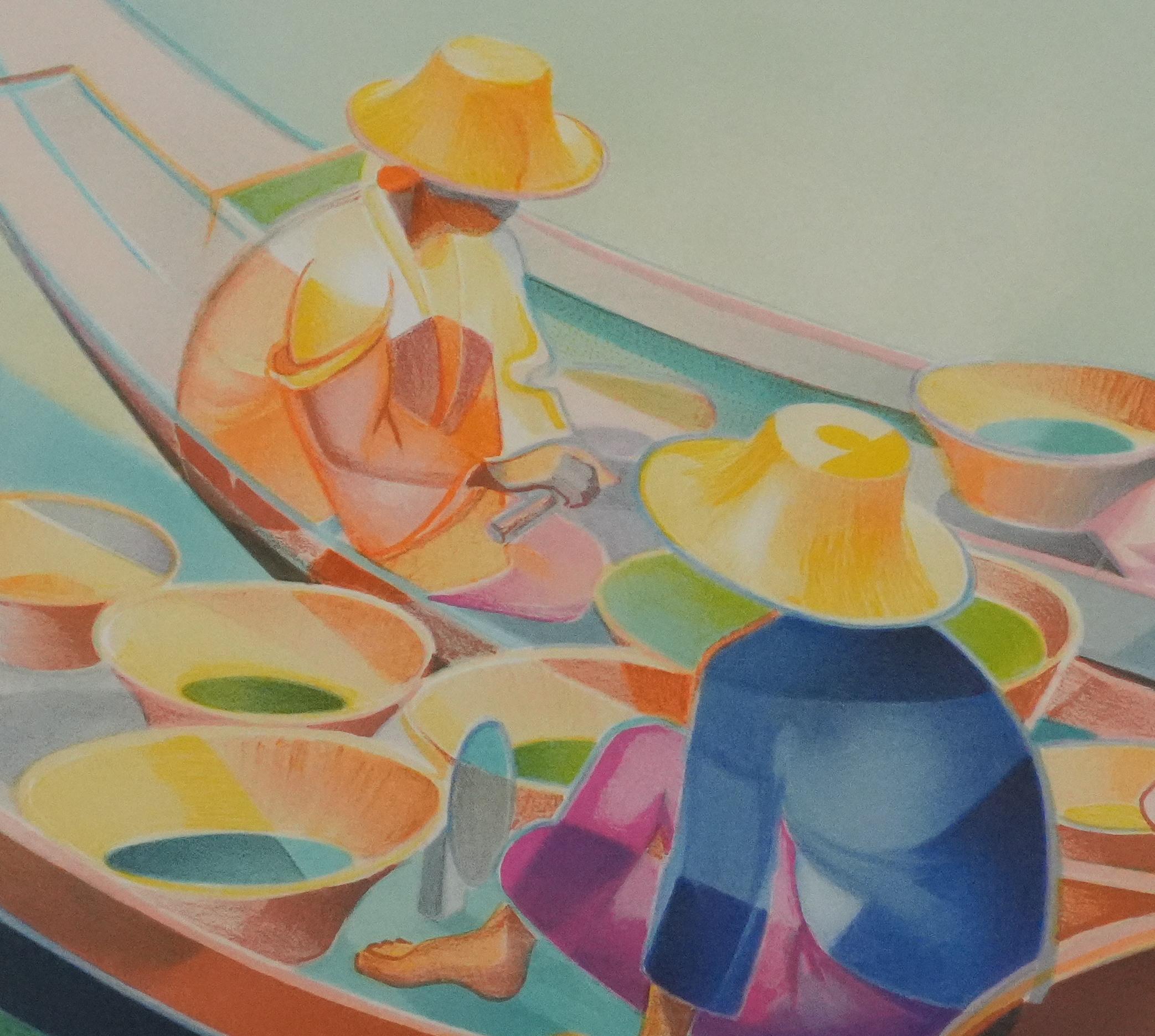 Floating Market - Original Handsigned Lithograph For Sale 1