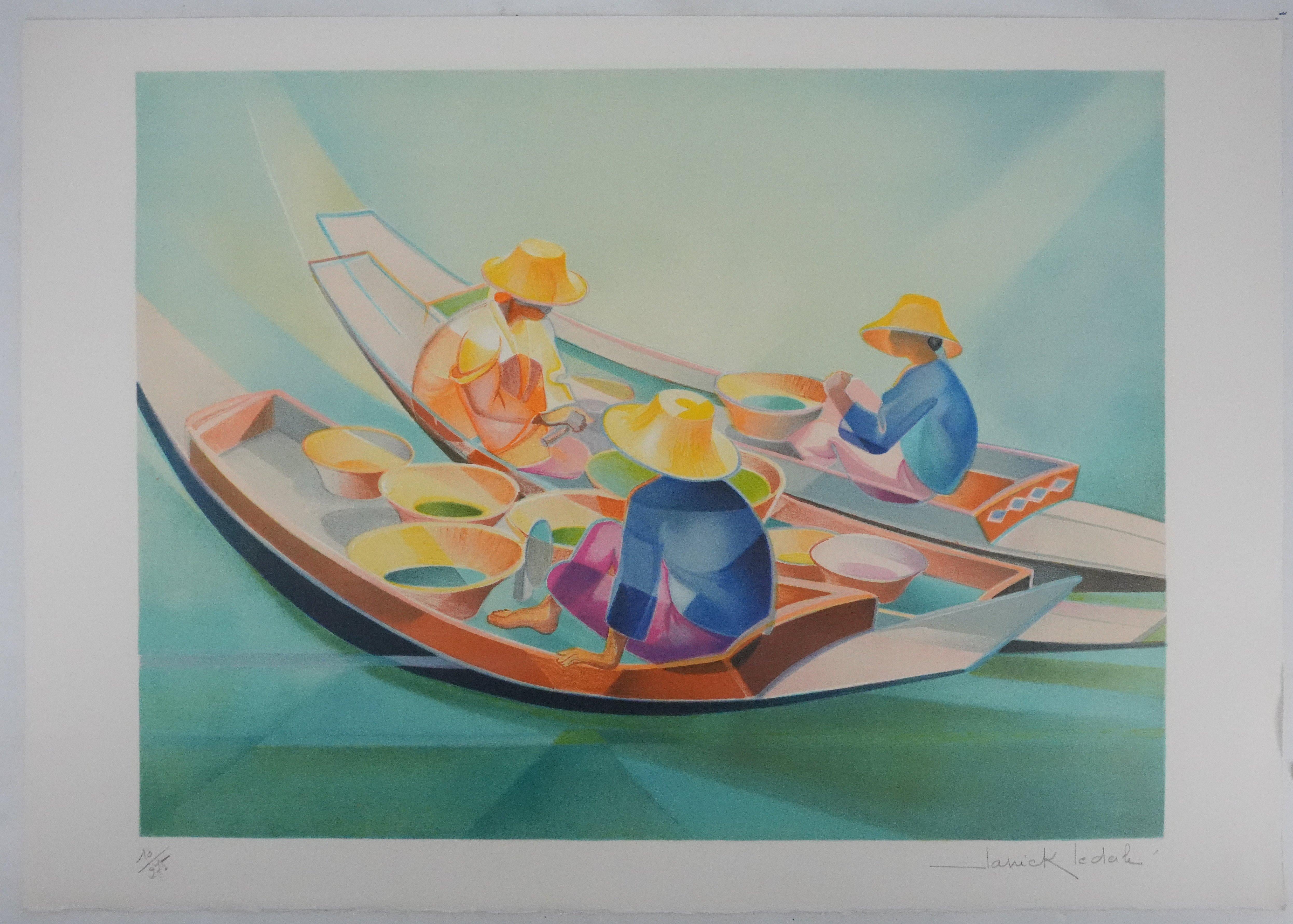 Janick Lederle Figurative Print - Floating Market - Original Handsigned Lithograph