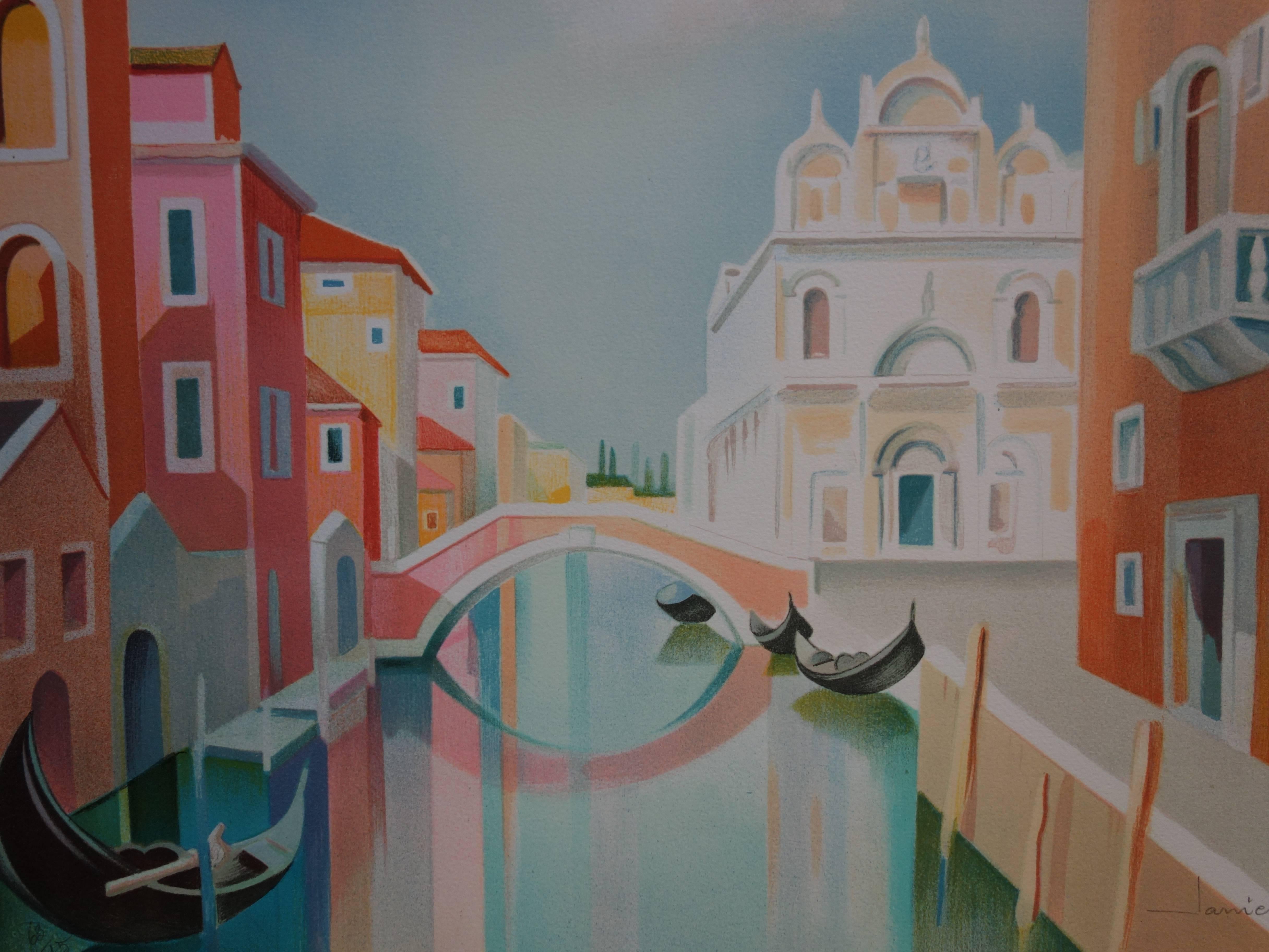 Gondola in Venice - Original handsigned lithograph - Modern Print by Janick Lederle