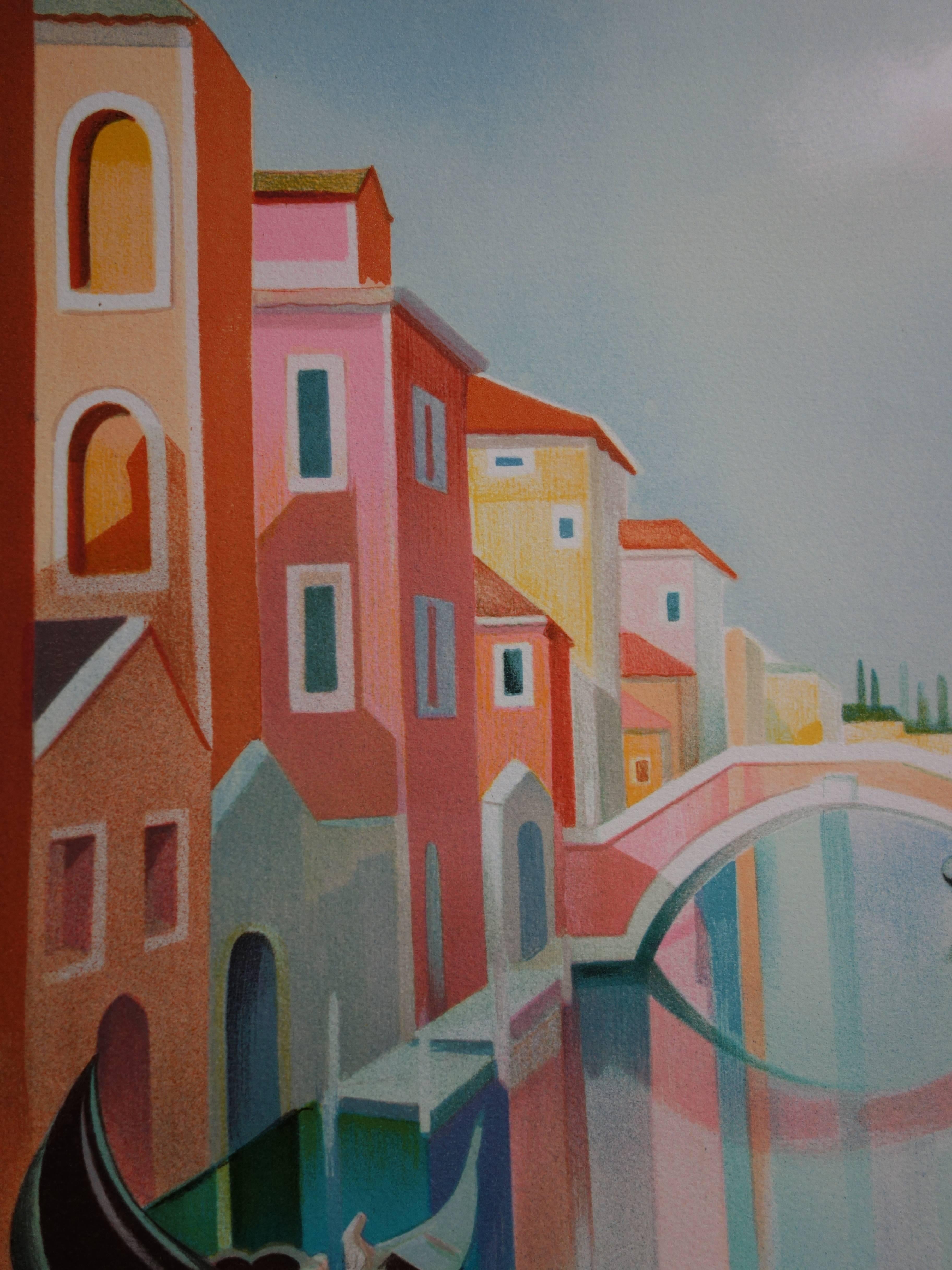 Gondola in Venice - Original handsigned lithograph - Gray Landscape Print by Janick Lederle