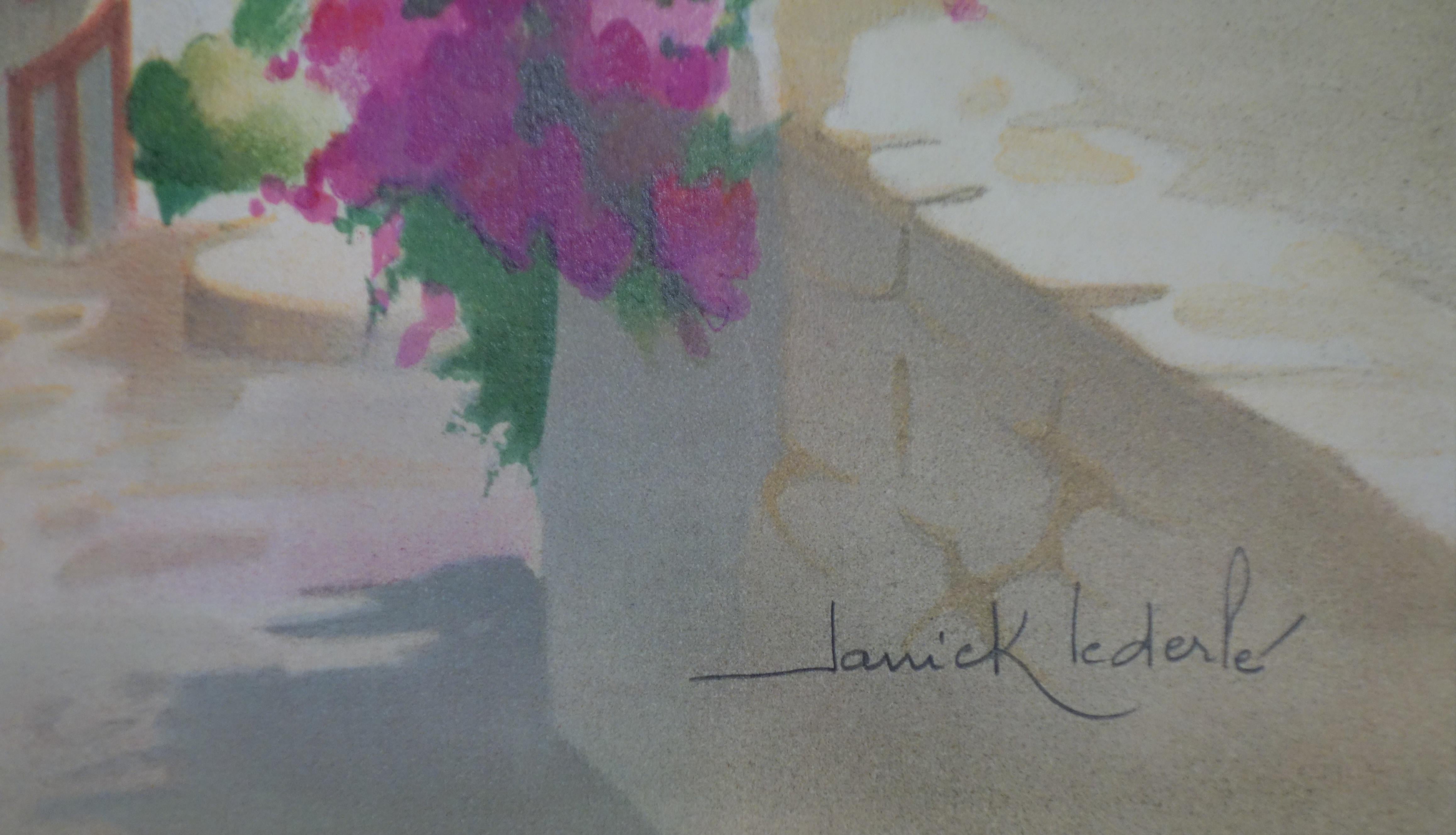 Little Street in Santorini - Original handsigned lithograph - Print by Janick Lederle