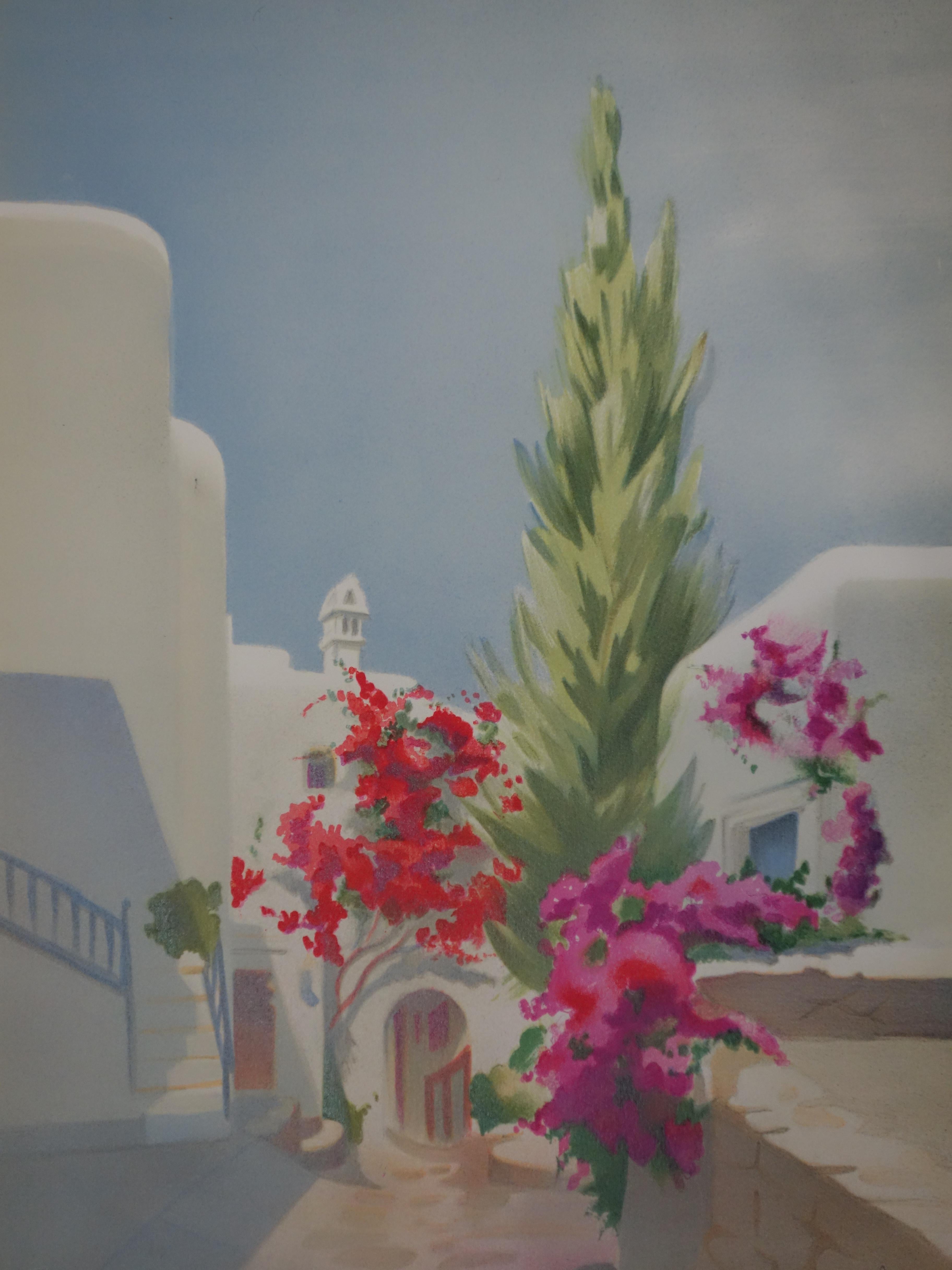 Little Street in Santorini - Original handsigned lithograph - Modern Print by Janick Lederle