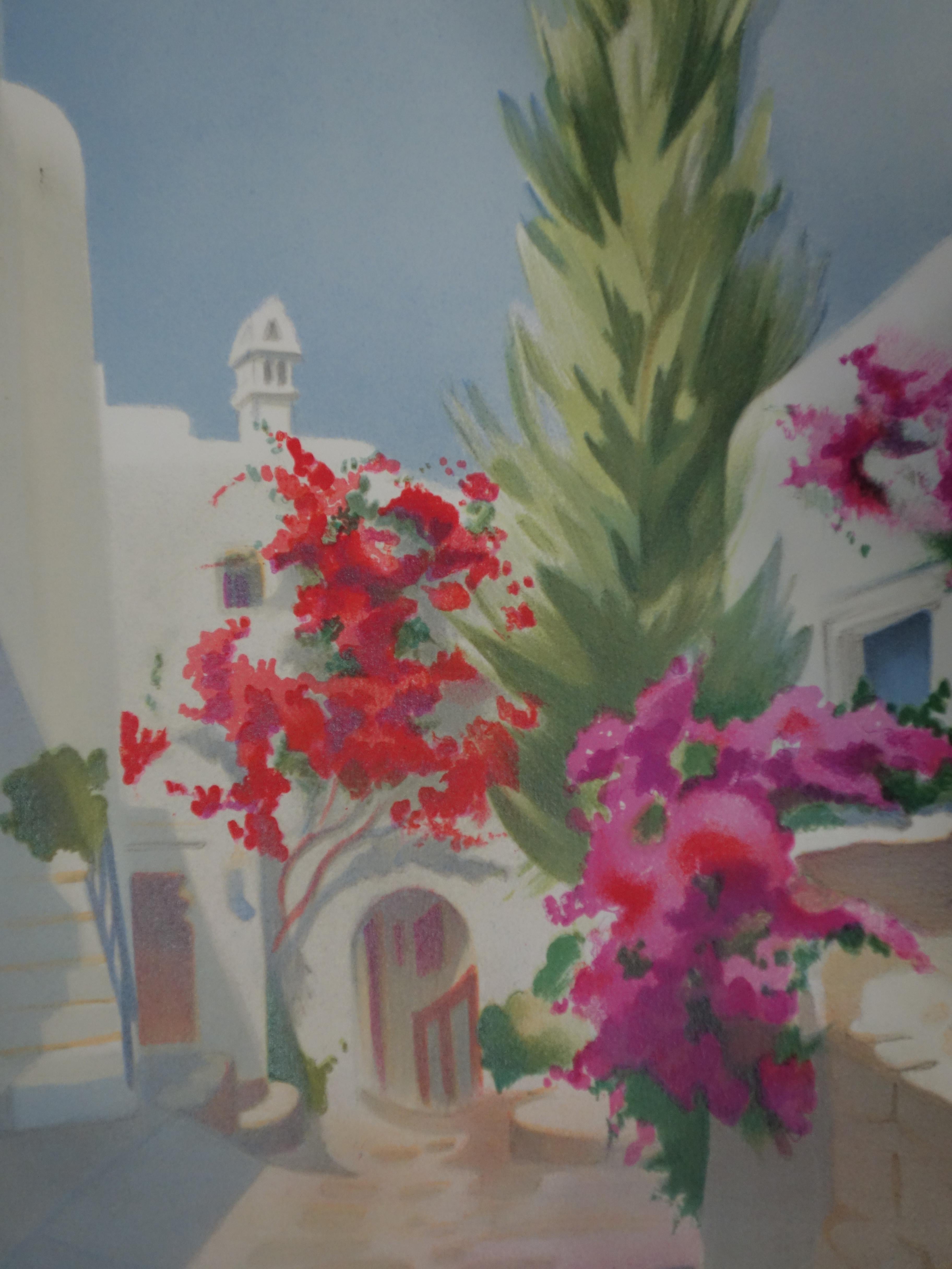 Little Street in Santorini - Original handsigned lithograph - Gray Landscape Print by Janick Lederle