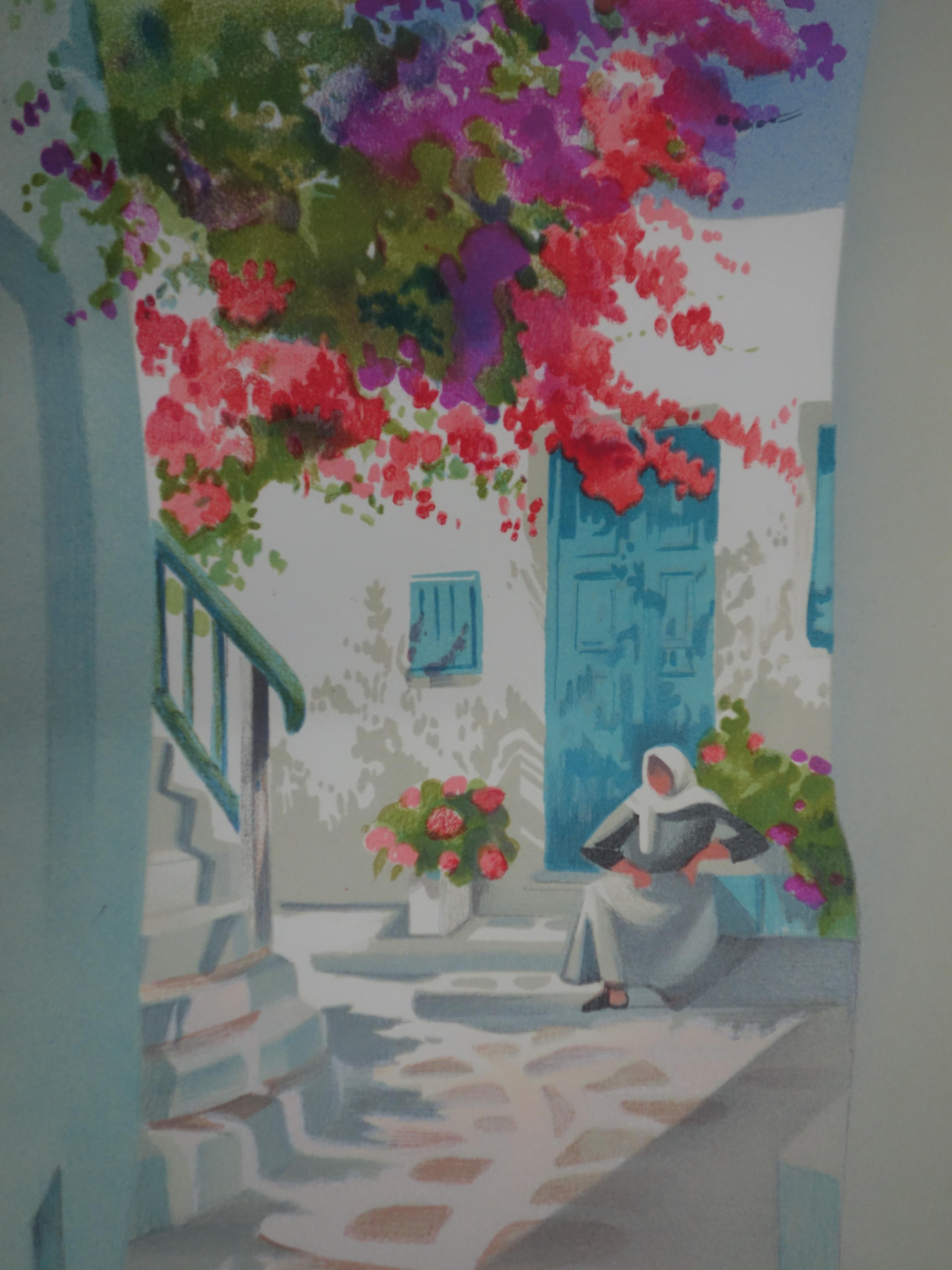 Little Yard in Santorini - Original handsigned lithograph - Modern Print by Janick Lederle