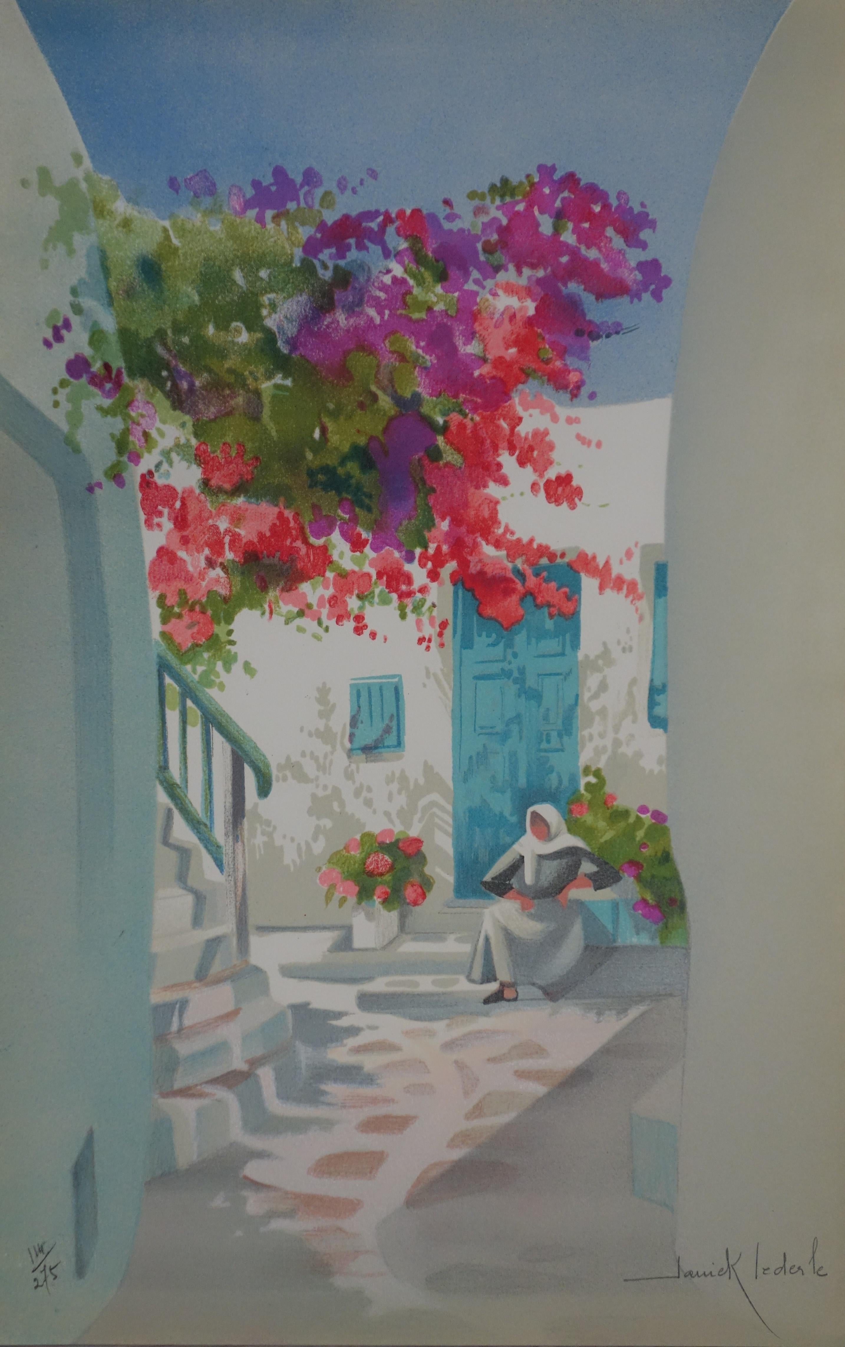 Janick Lederle Landscape Print - Little Yard in Santorini - Original handsigned lithograph