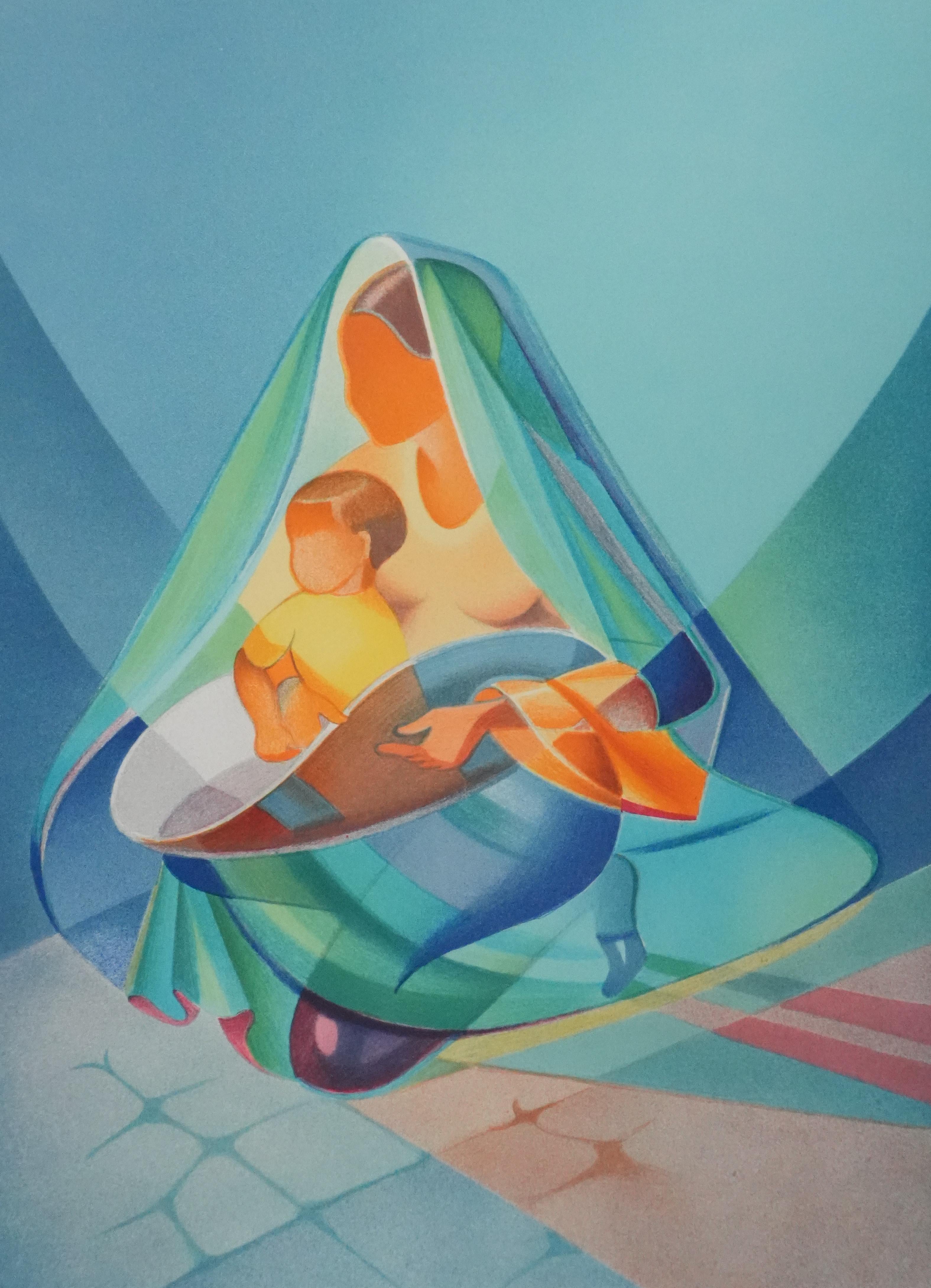 Maternity - Original Handsigned Lithograph - Gray Portrait Print by Janick Lederle