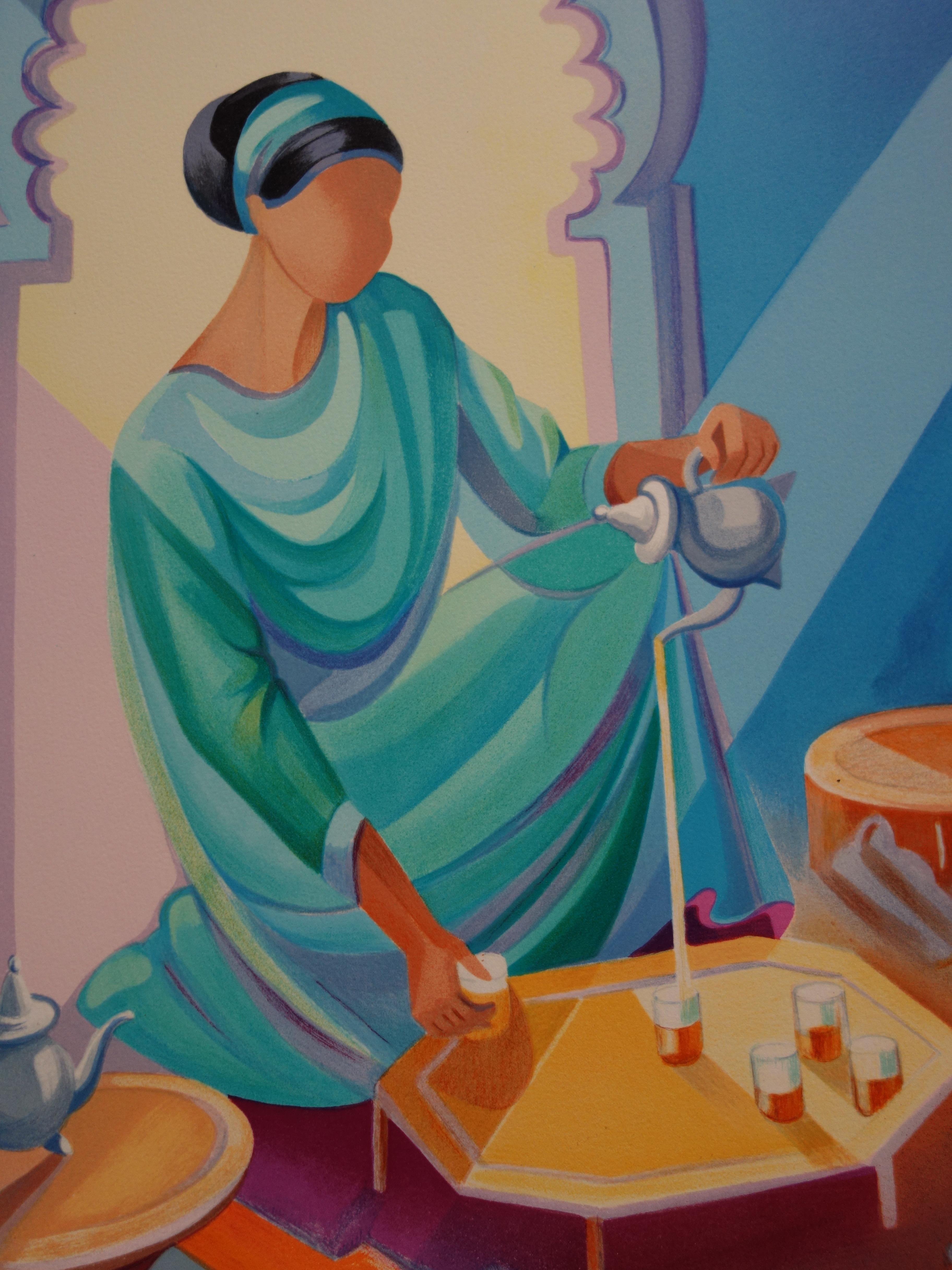 Mint tea in Morocco - Original handsigned lithograph - Modern Print by Janick Lederle