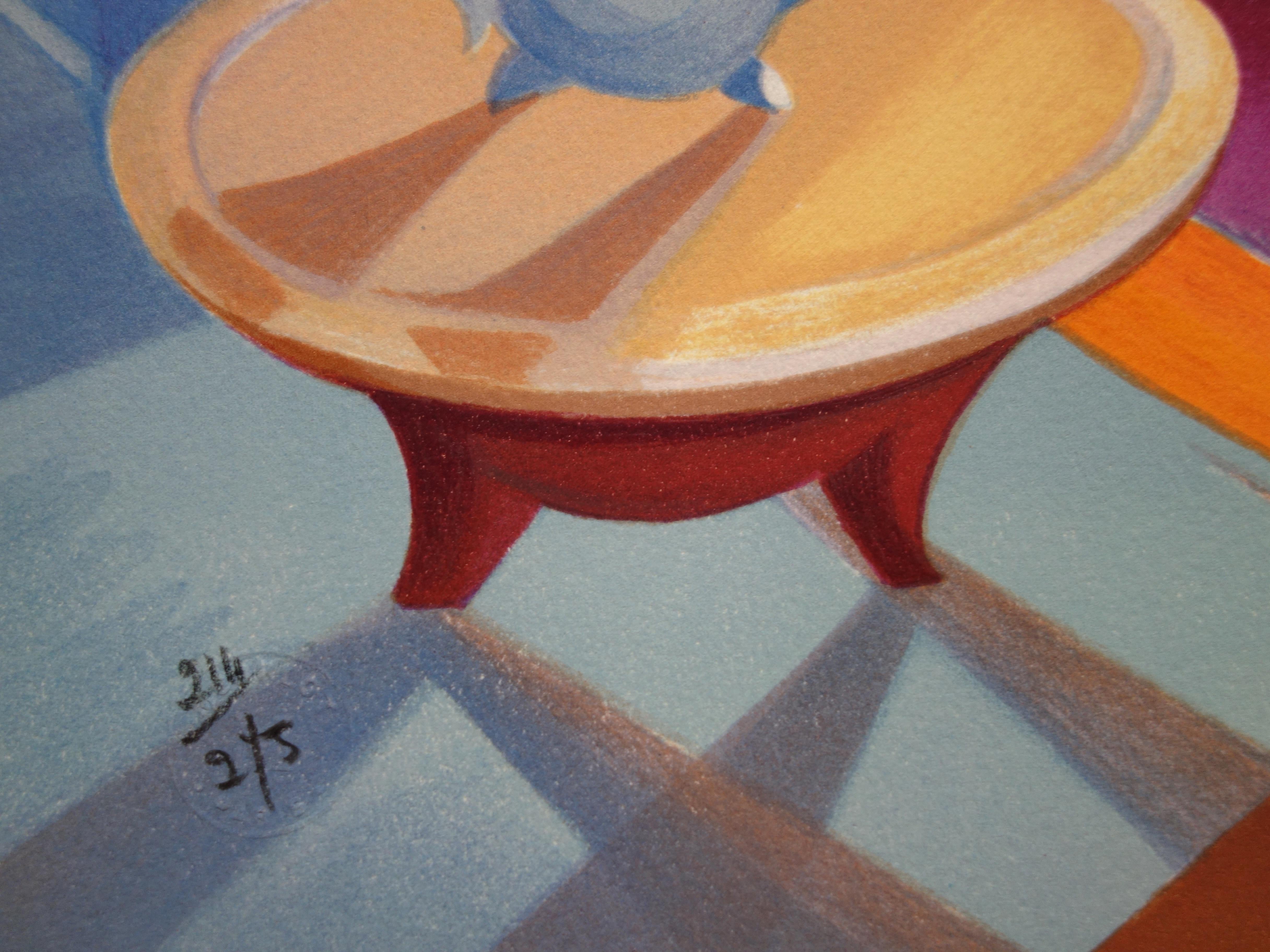 Mint tea in Morocco - Original handsigned lithograph - Blue Portrait Print by Janick Lederle