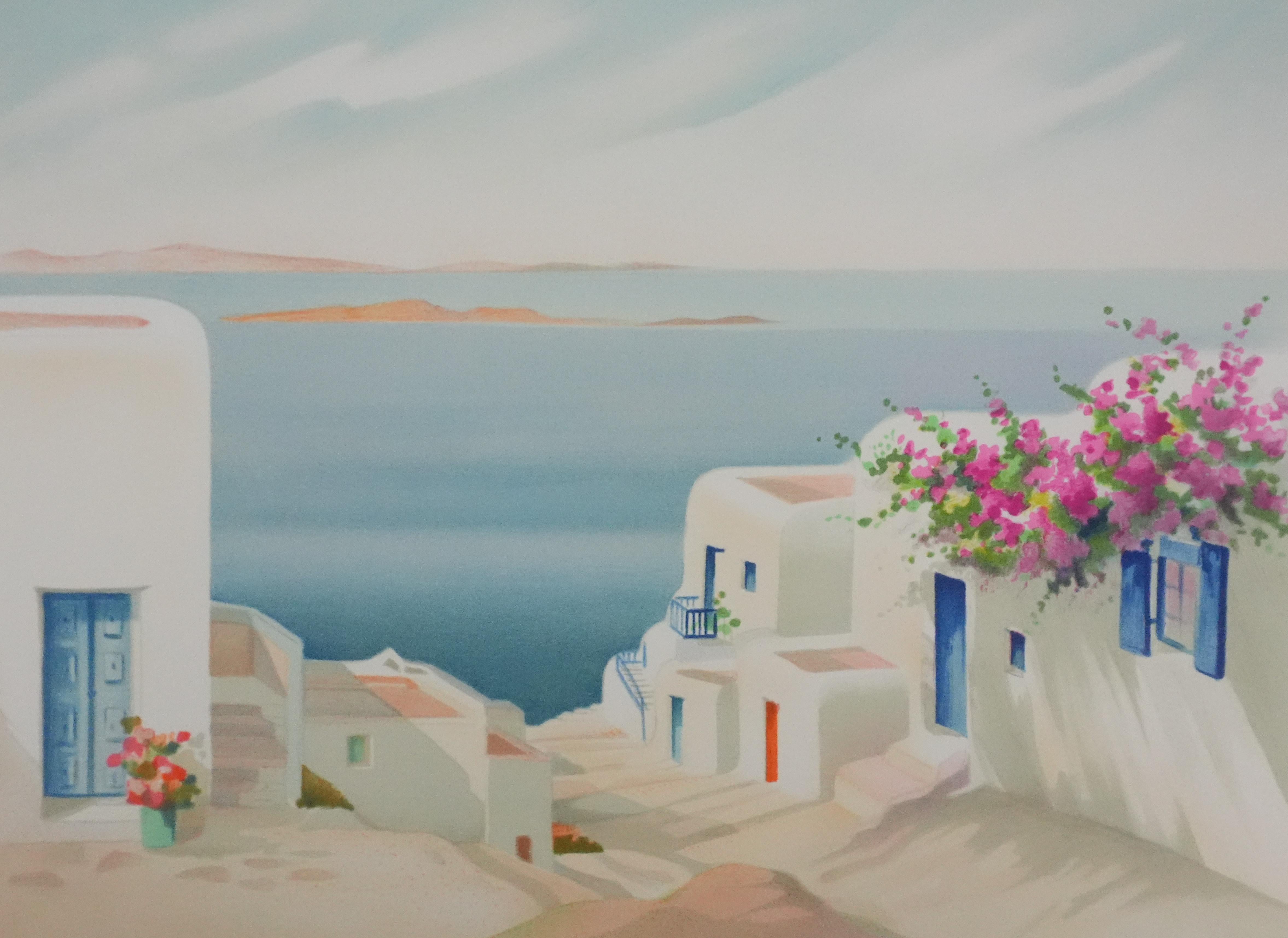 On the Greek Island - Original Handsigned Lithograph - Gray Figurative Print by Janick Lederle