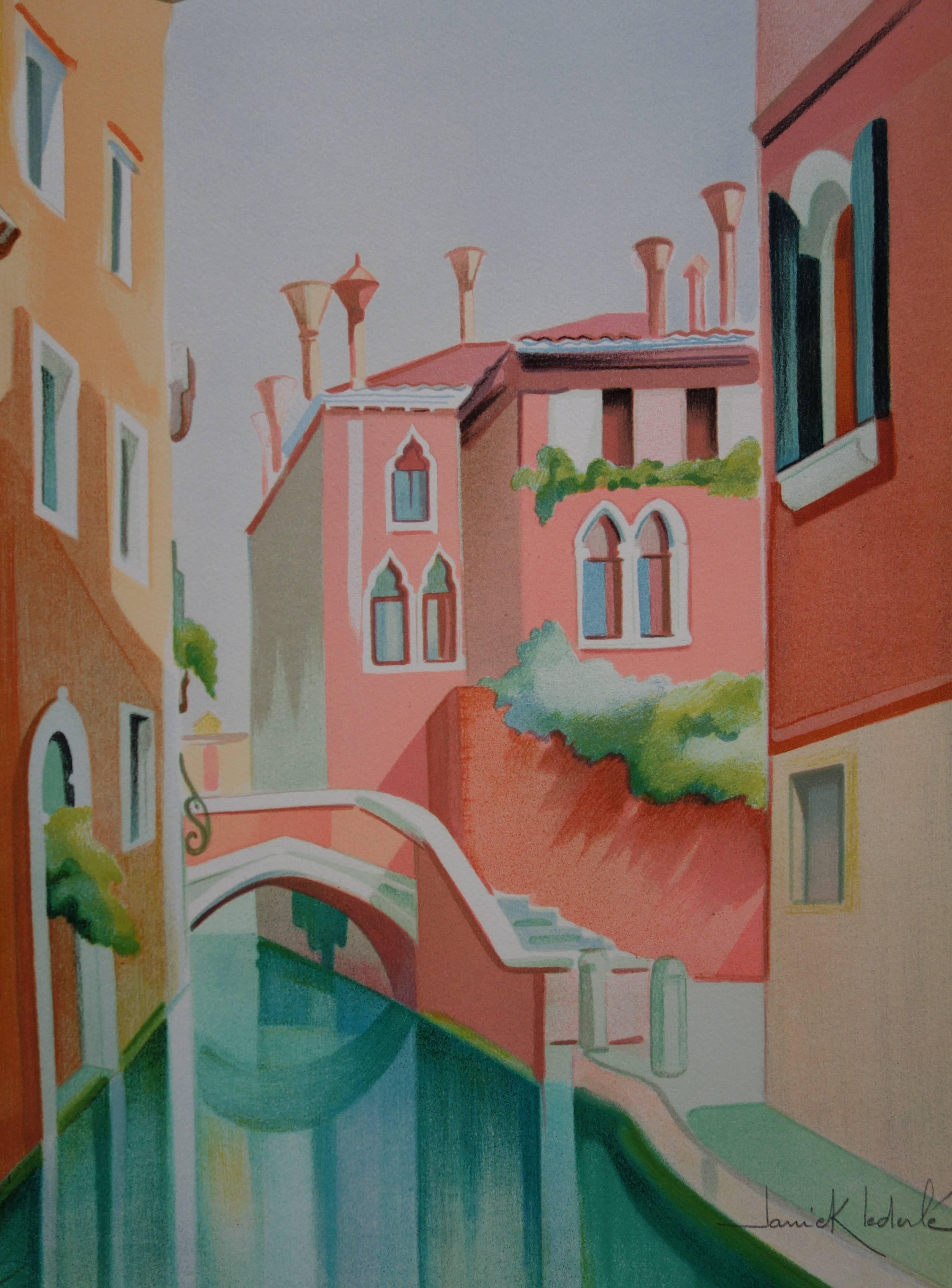 Quiet Canal in Venice - Original handsigned lithograph - Modern Print by Janick Lederle