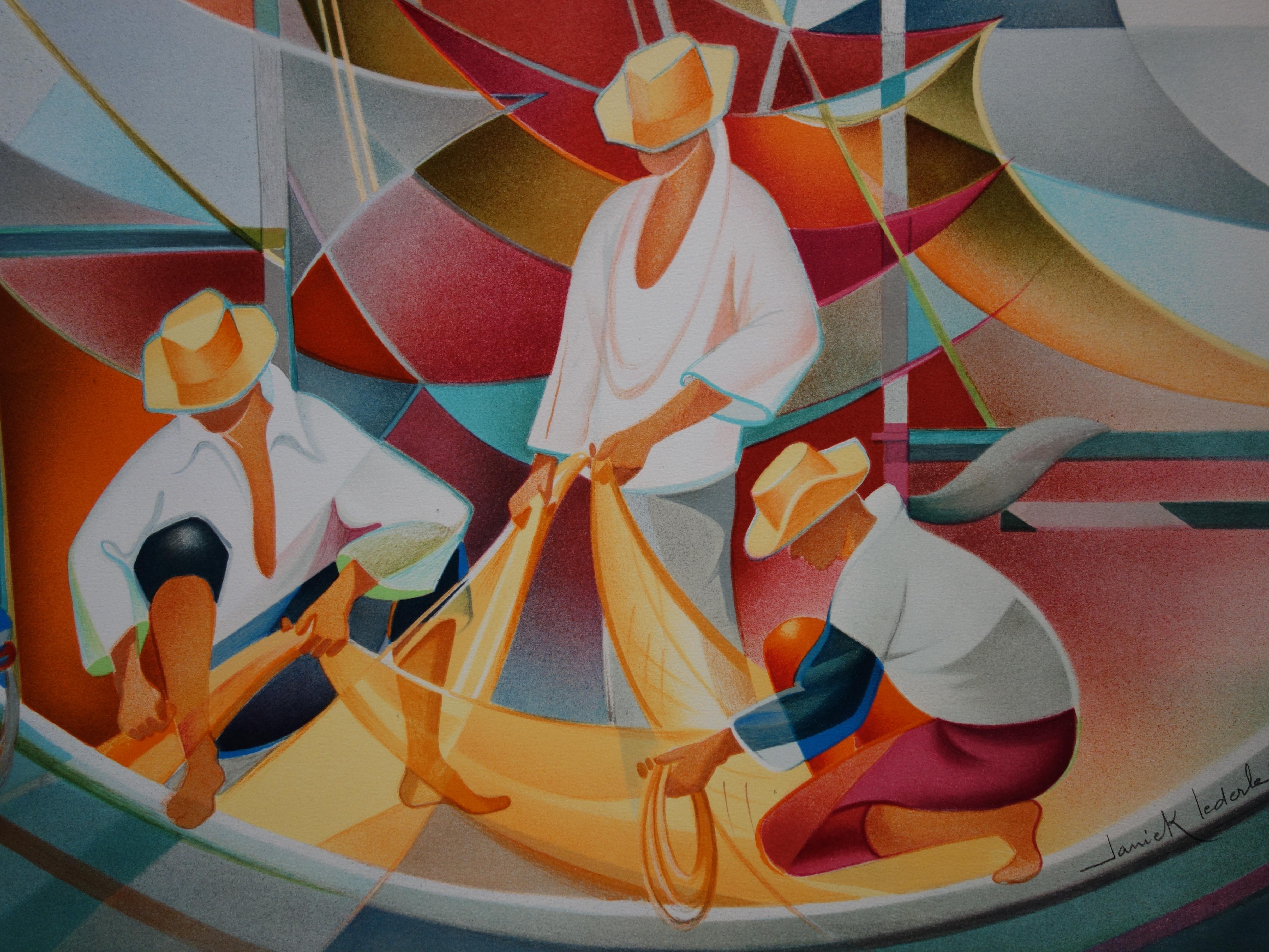 Return from Fishing - Original handsigned lithograph - Modern Print by Janick Lederle