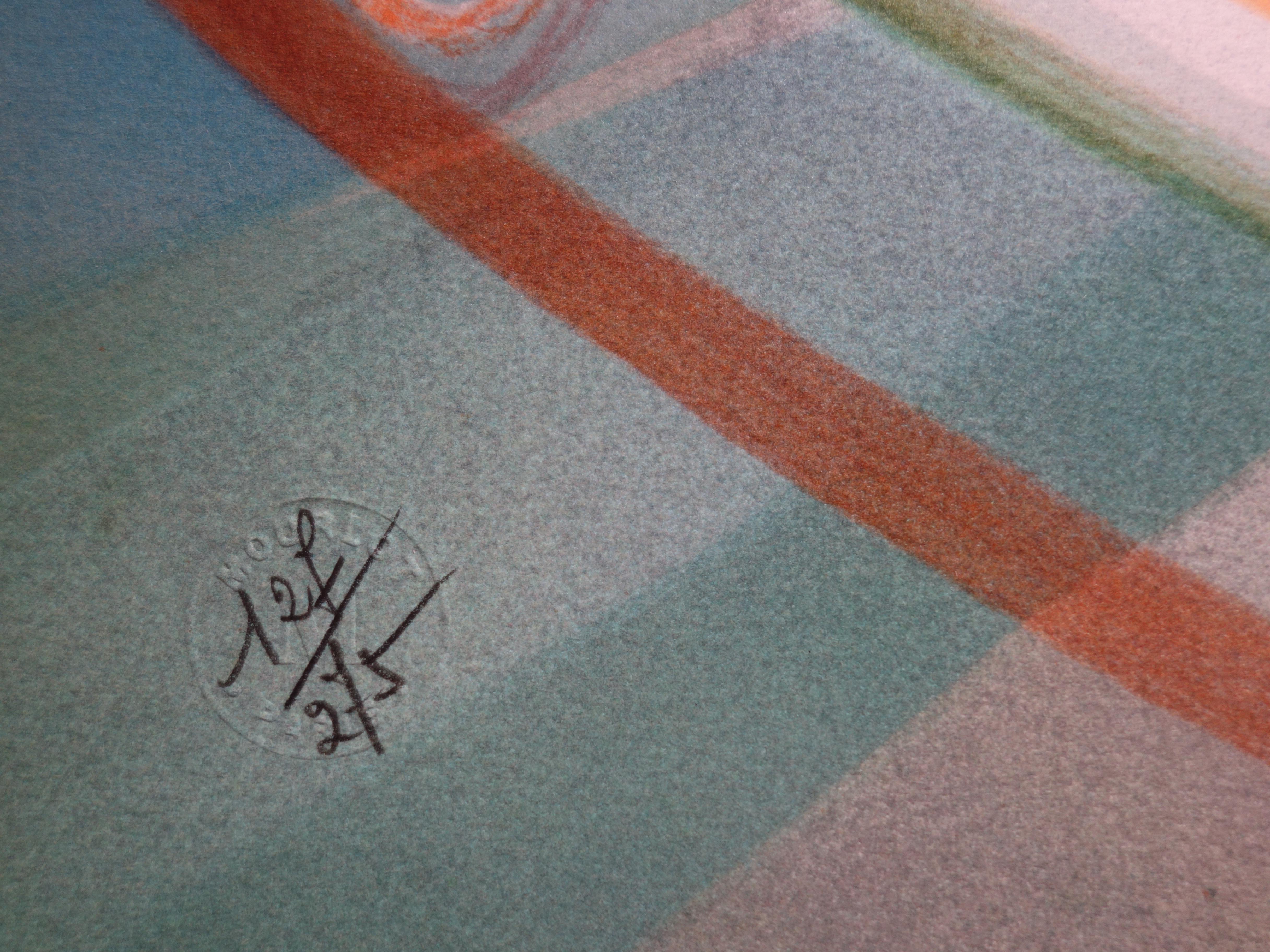 Return from Fishing - Original handsigned lithograph - Brown Landscape Print by Janick Lederle