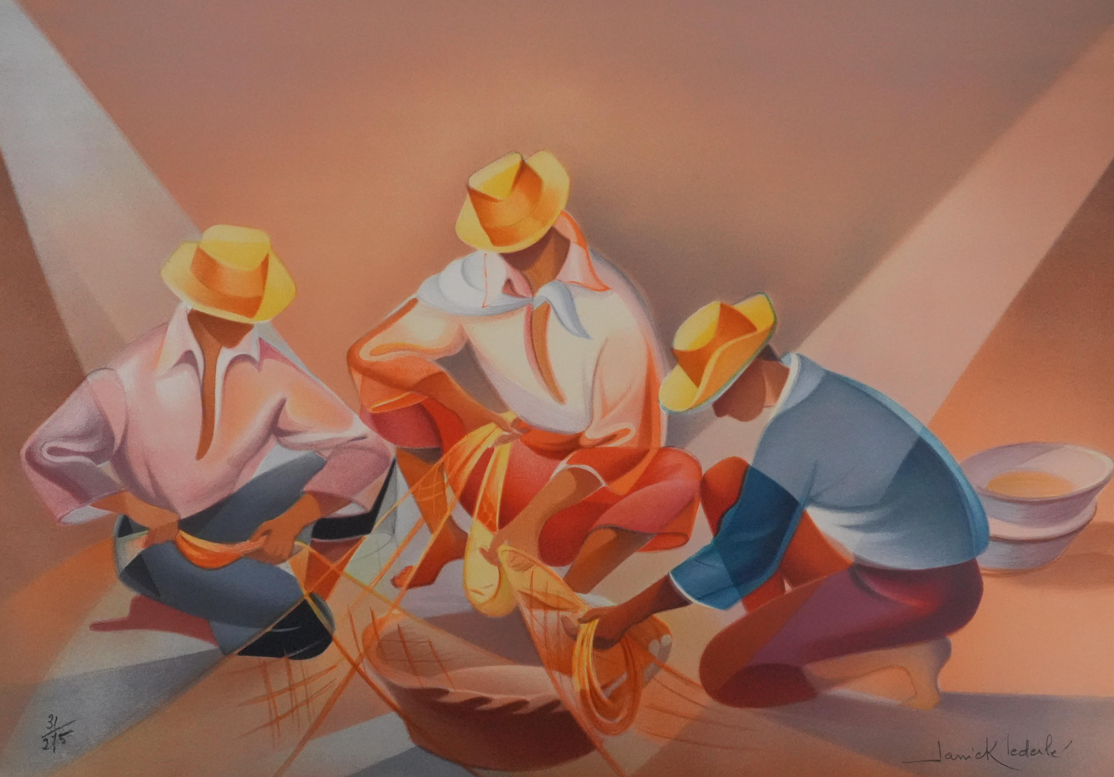 The Fisherman's Work - Original Handsigned Lithograph - Modern Print by Janick Lederle