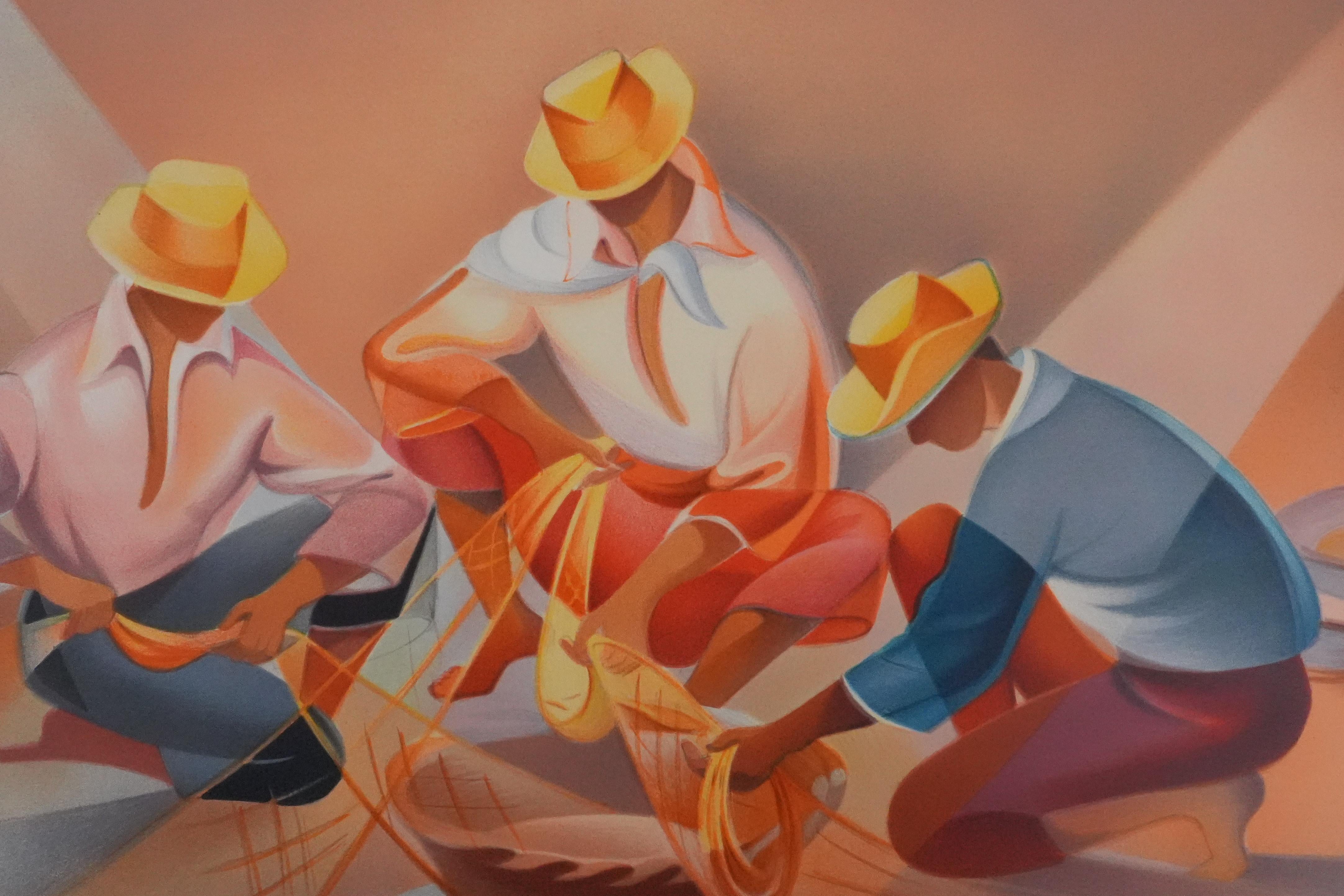 The Fisherman's Work - Original Handsigned Lithograph - Brown Figurative Print by Janick Lederle