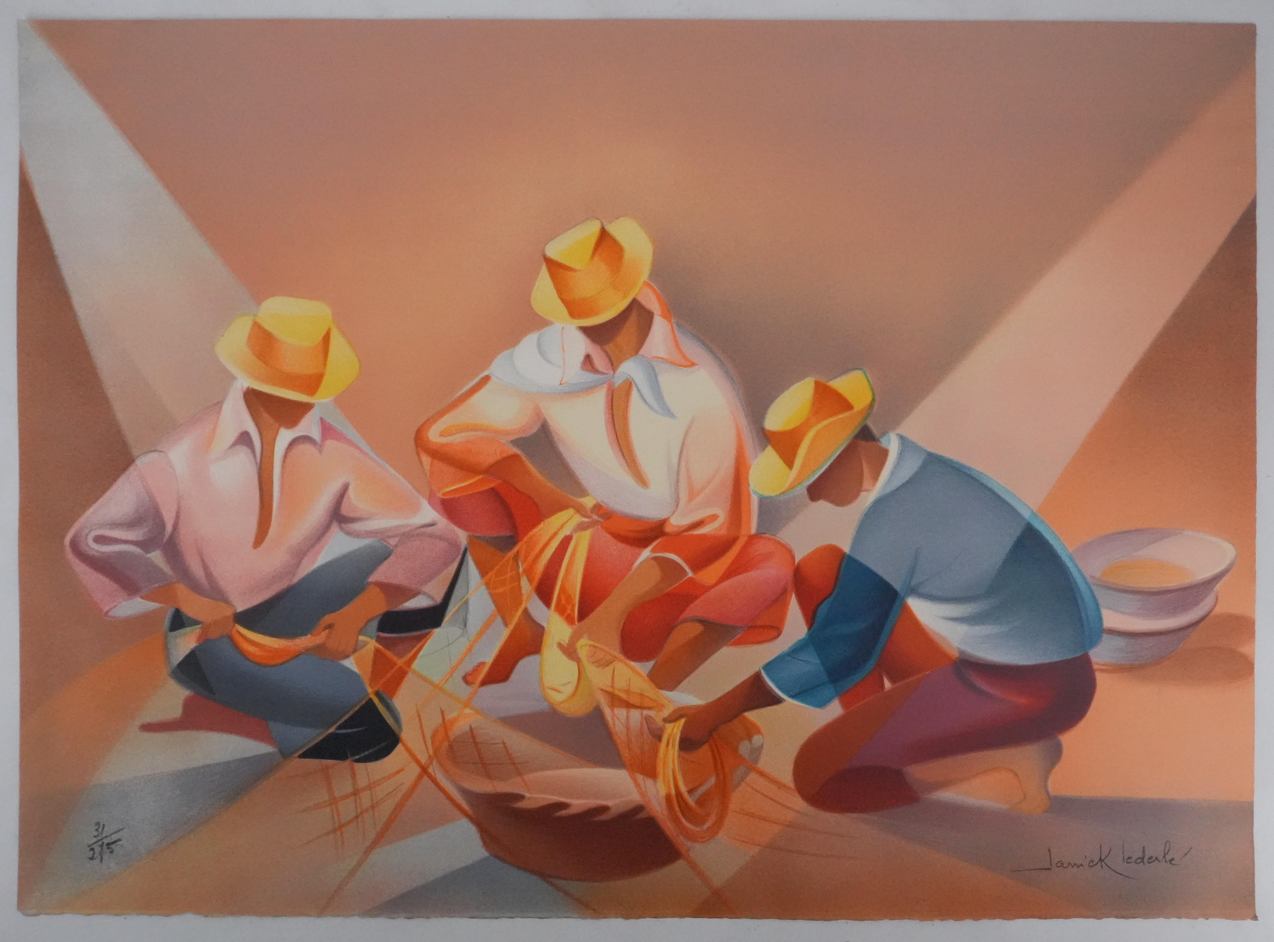 Janick Lederle Figurative Print - The Fisherman's Work - Original Handsigned Lithograph