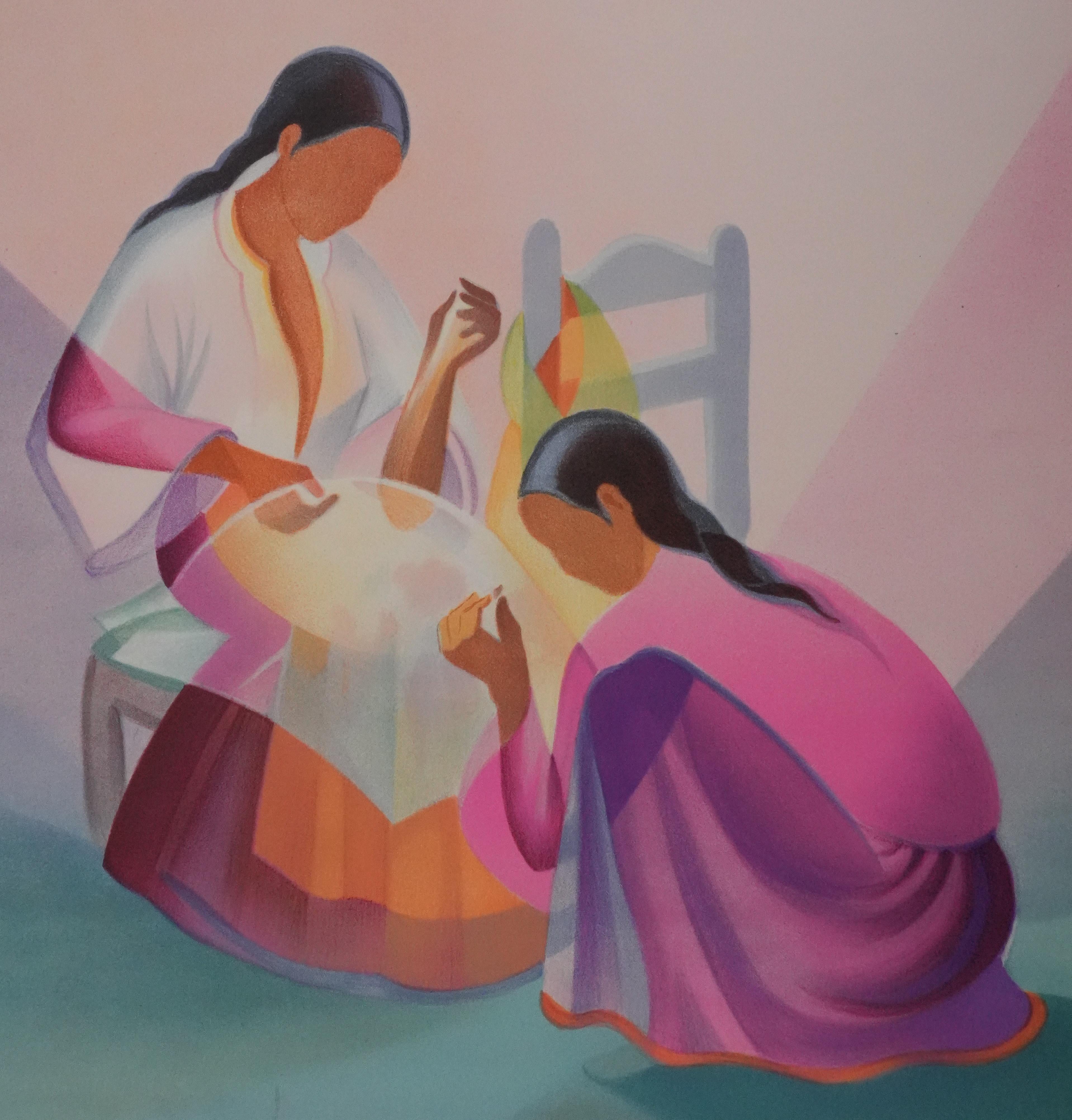 The Seamstresses - Original Handsigned Lithograph - Gray Portrait Print by Janick Lederle