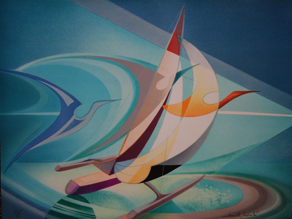 Trimaran, Fantastic Regatta - Original handsigned lithograph - Modern Print by Janick Lederle