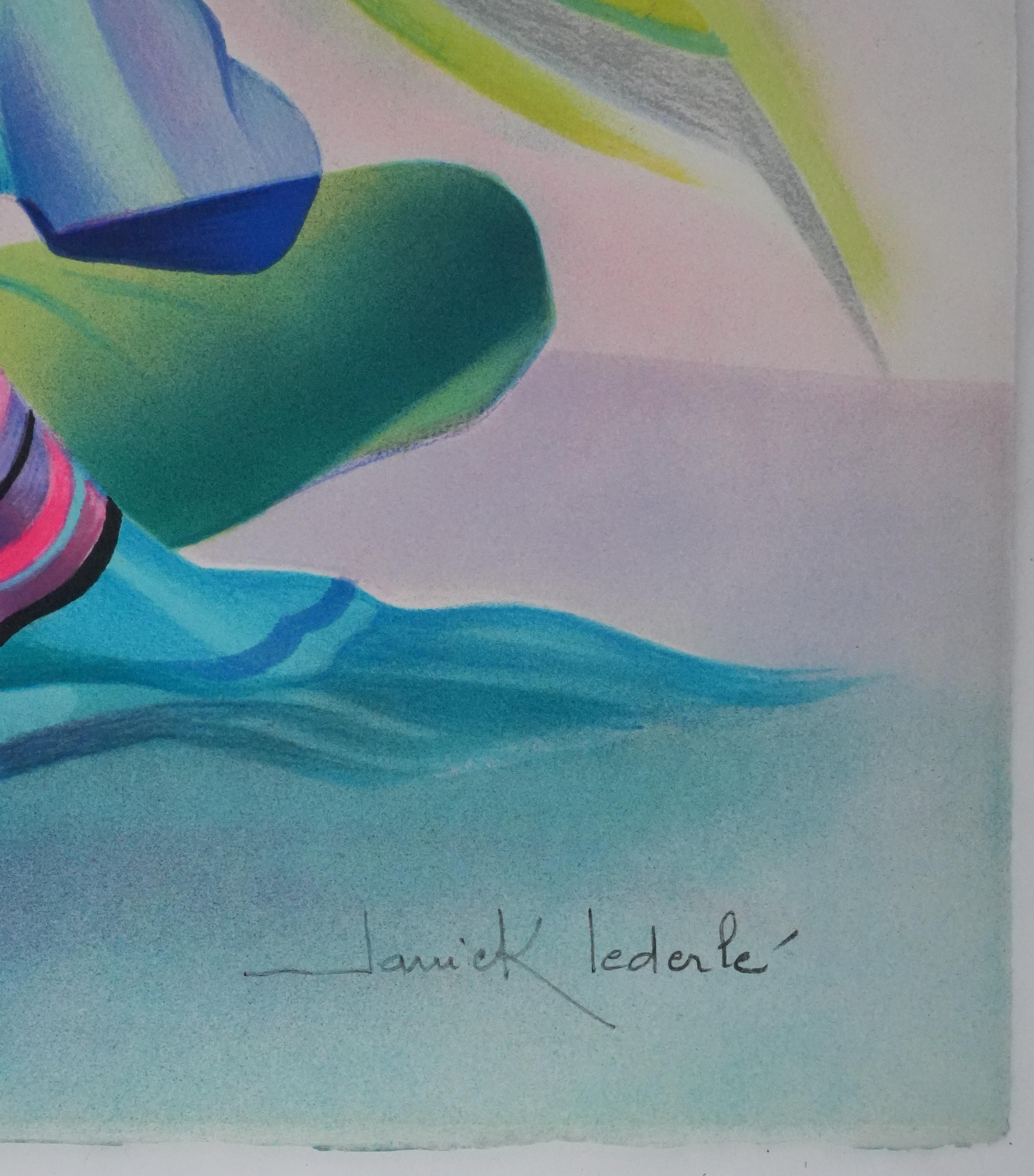 Femme aux fleurs roses - Lithographie originale signée de sa main - Print de Janick Lederle