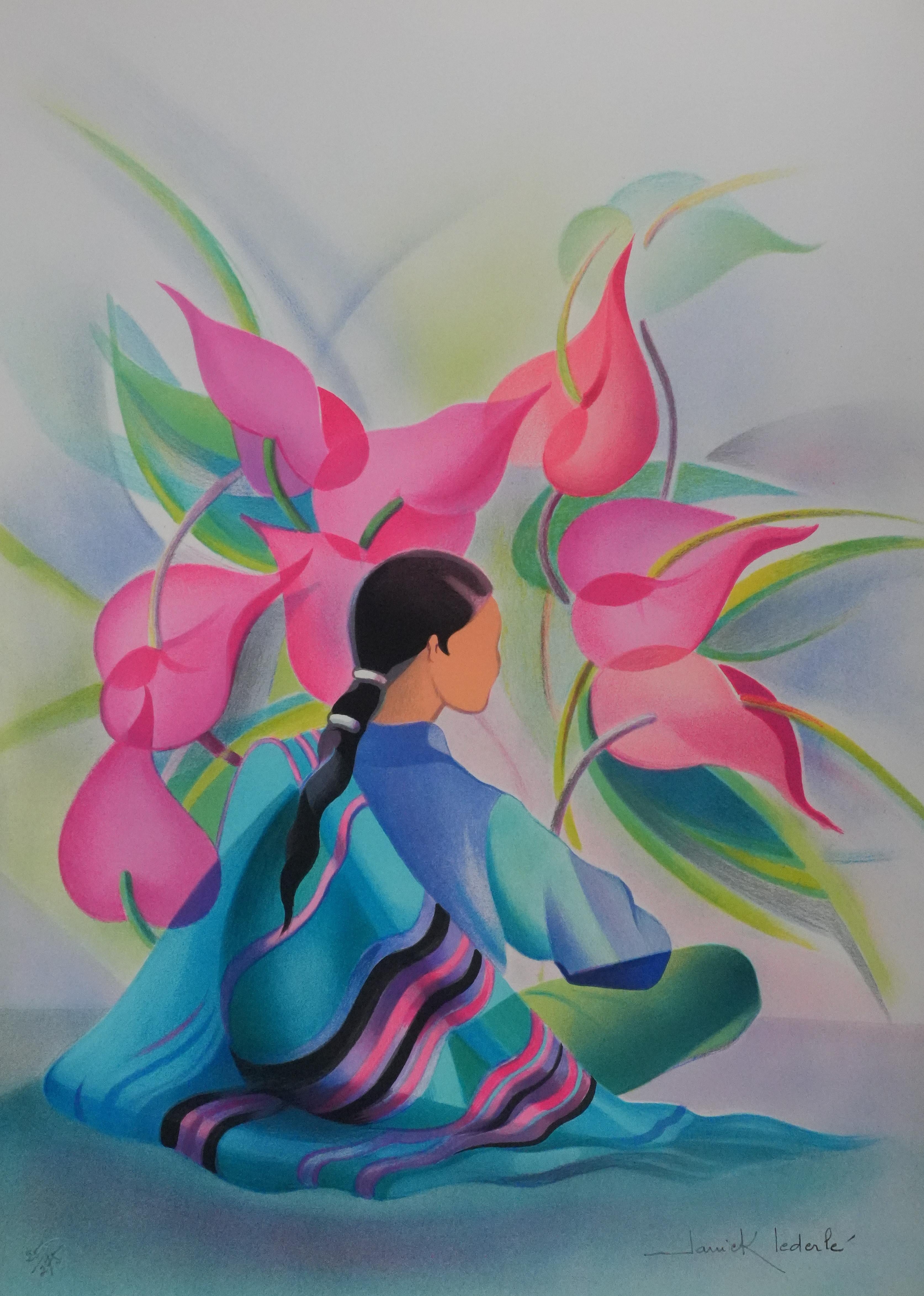 Femme aux fleurs roses - Lithographie originale signée de sa main - Moderne Print par Janick Lederle