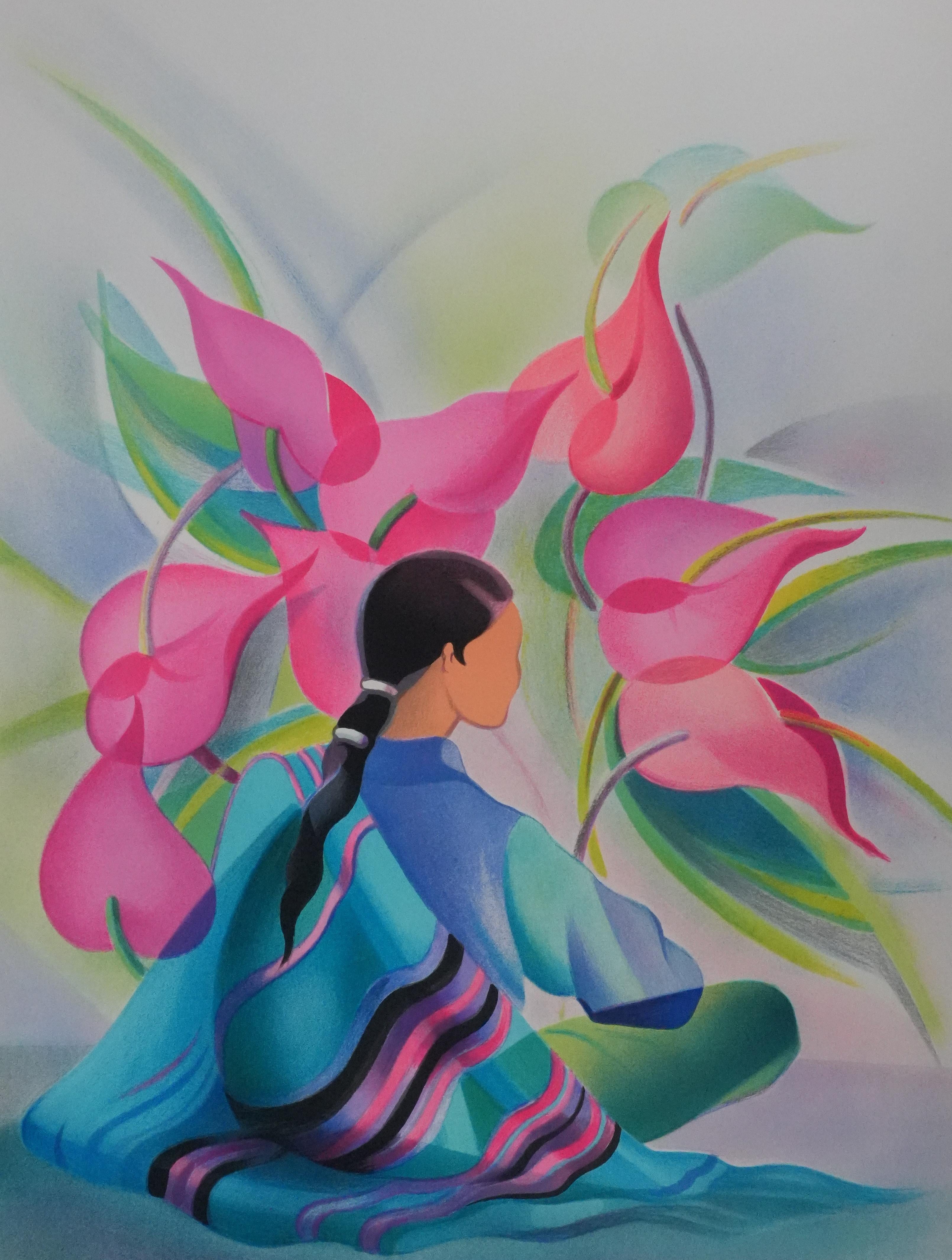 Femme aux fleurs roses - Lithographie originale signée de sa main - Gris Portrait Print par Janick Lederle