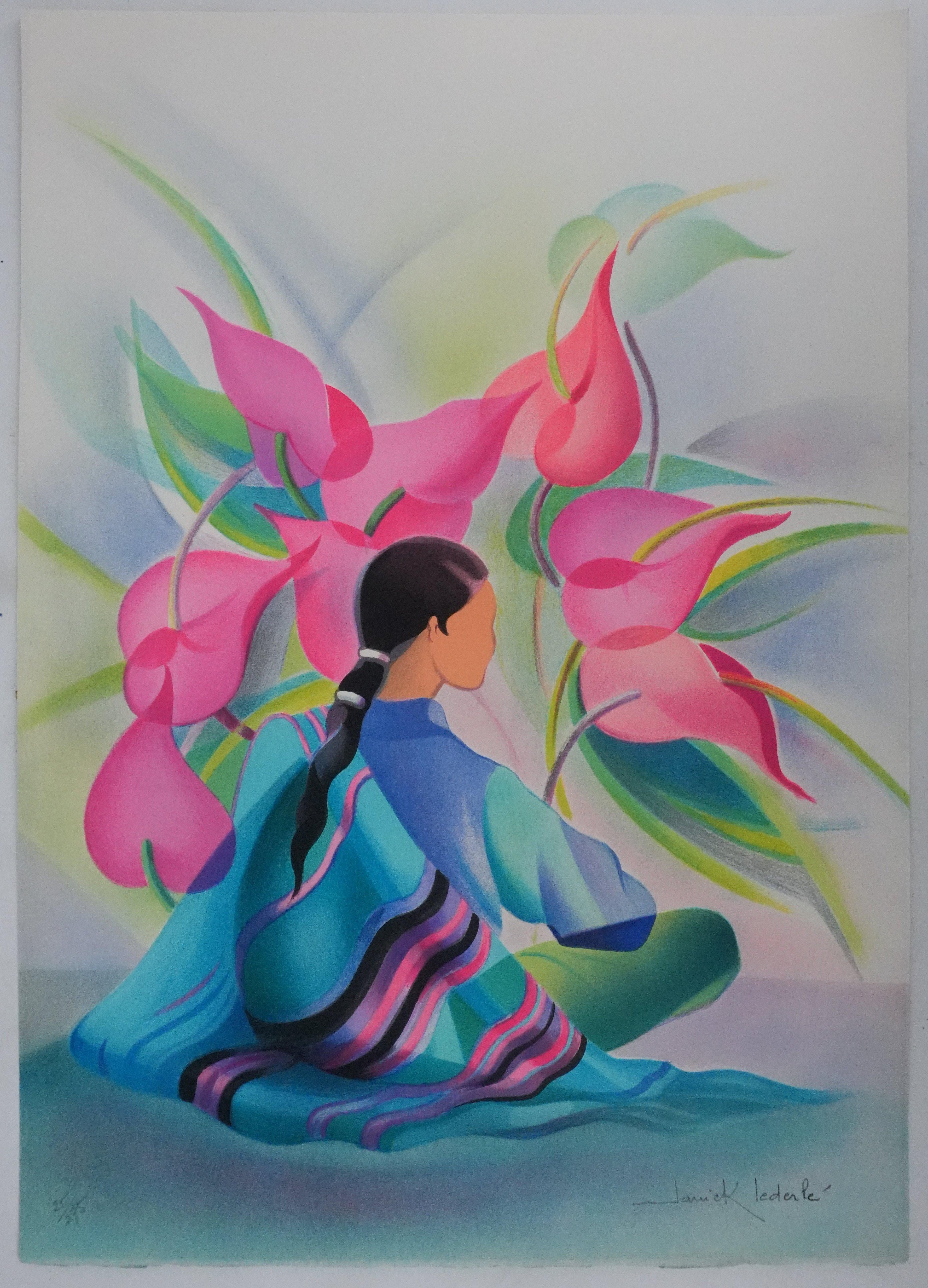 Femme aux fleurs roses - Lithographie originale signée de sa main