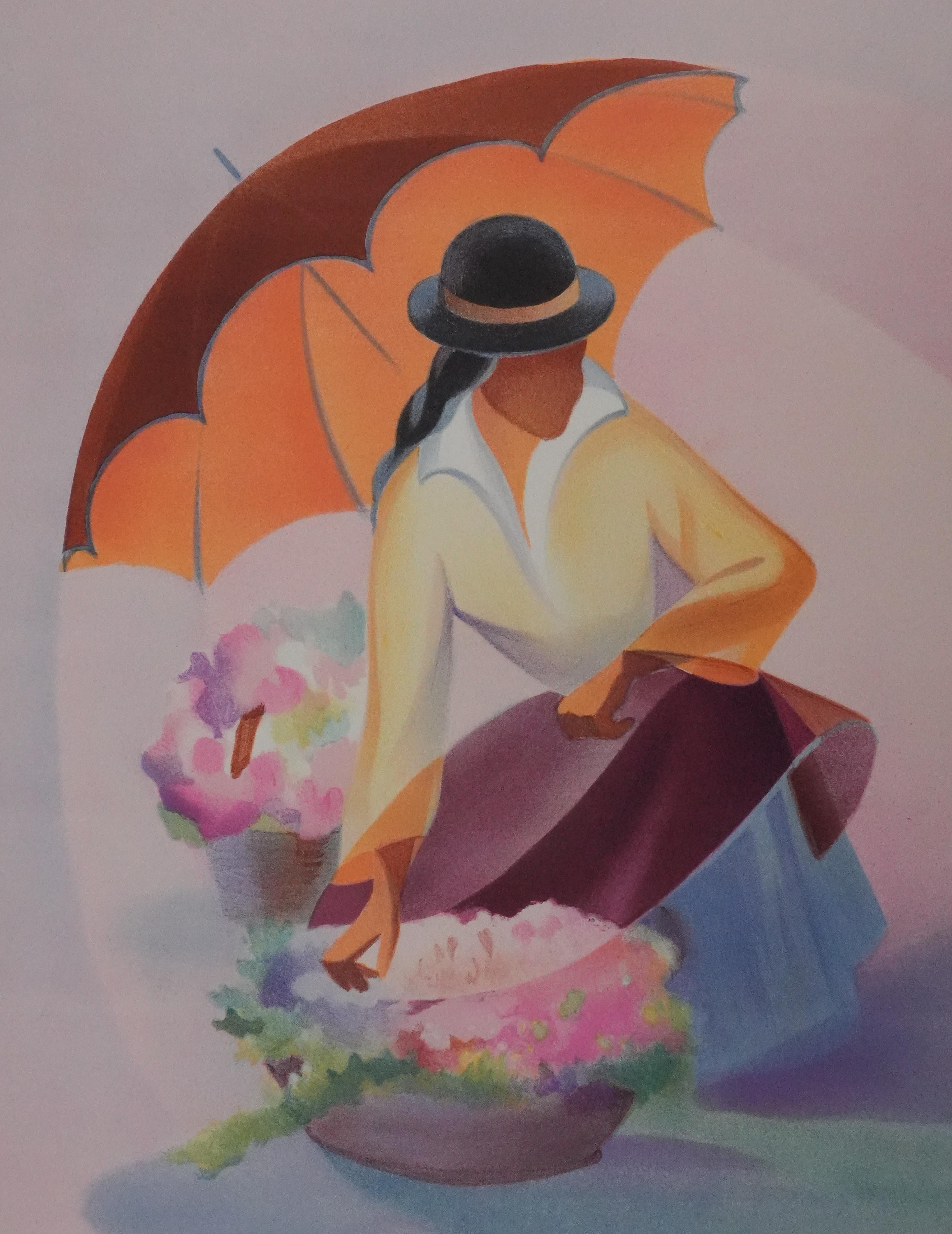 Femme au parapluie - Lithographie originale signée de sa main - Gris Portrait Print par Janick Lederle