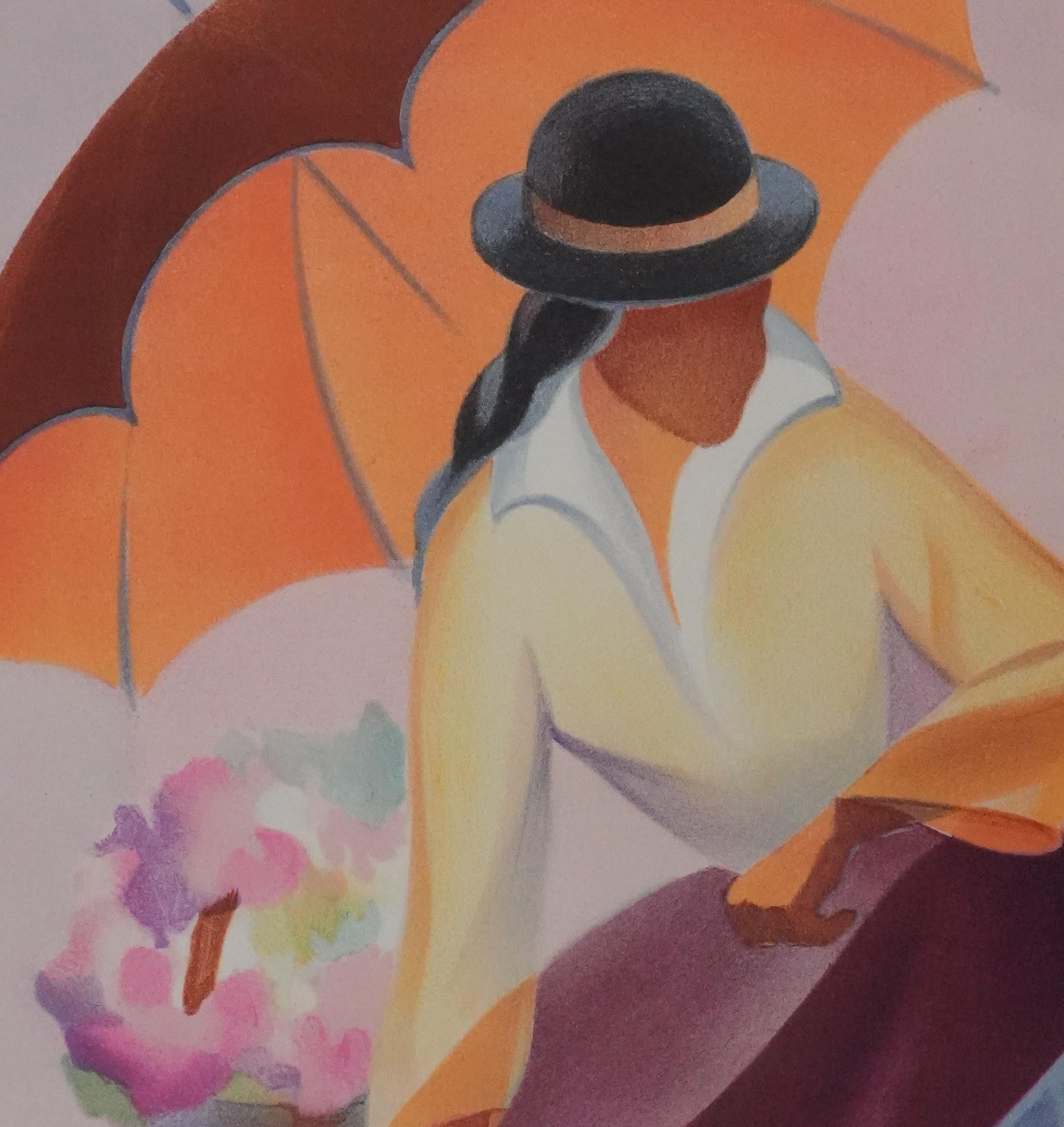 Femme au parapluie - Lithographie originale signée de sa main en vente 1