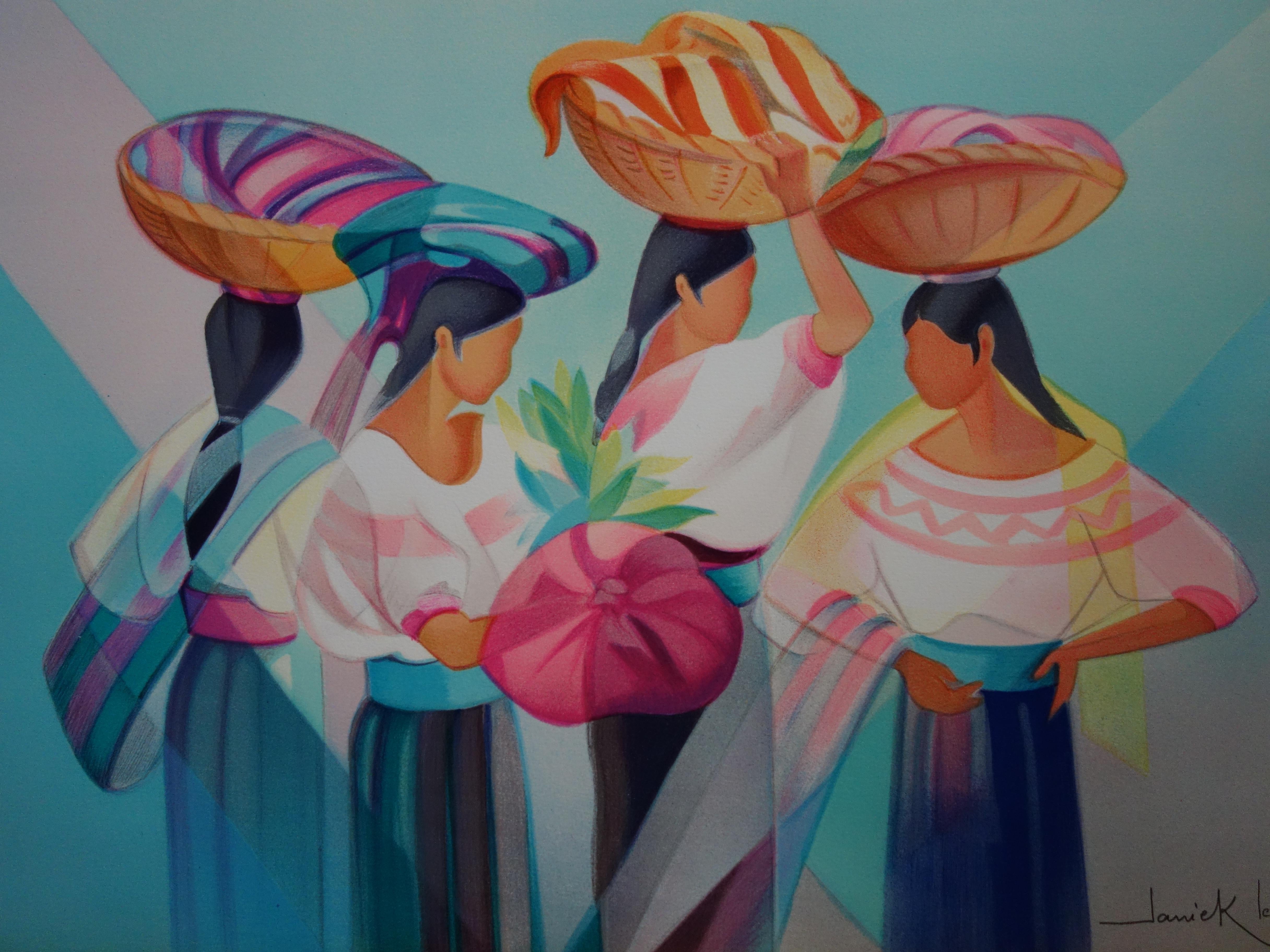 Women of Guatemala - Original handsigned lithograph - Modern Print by Janick Lederle
