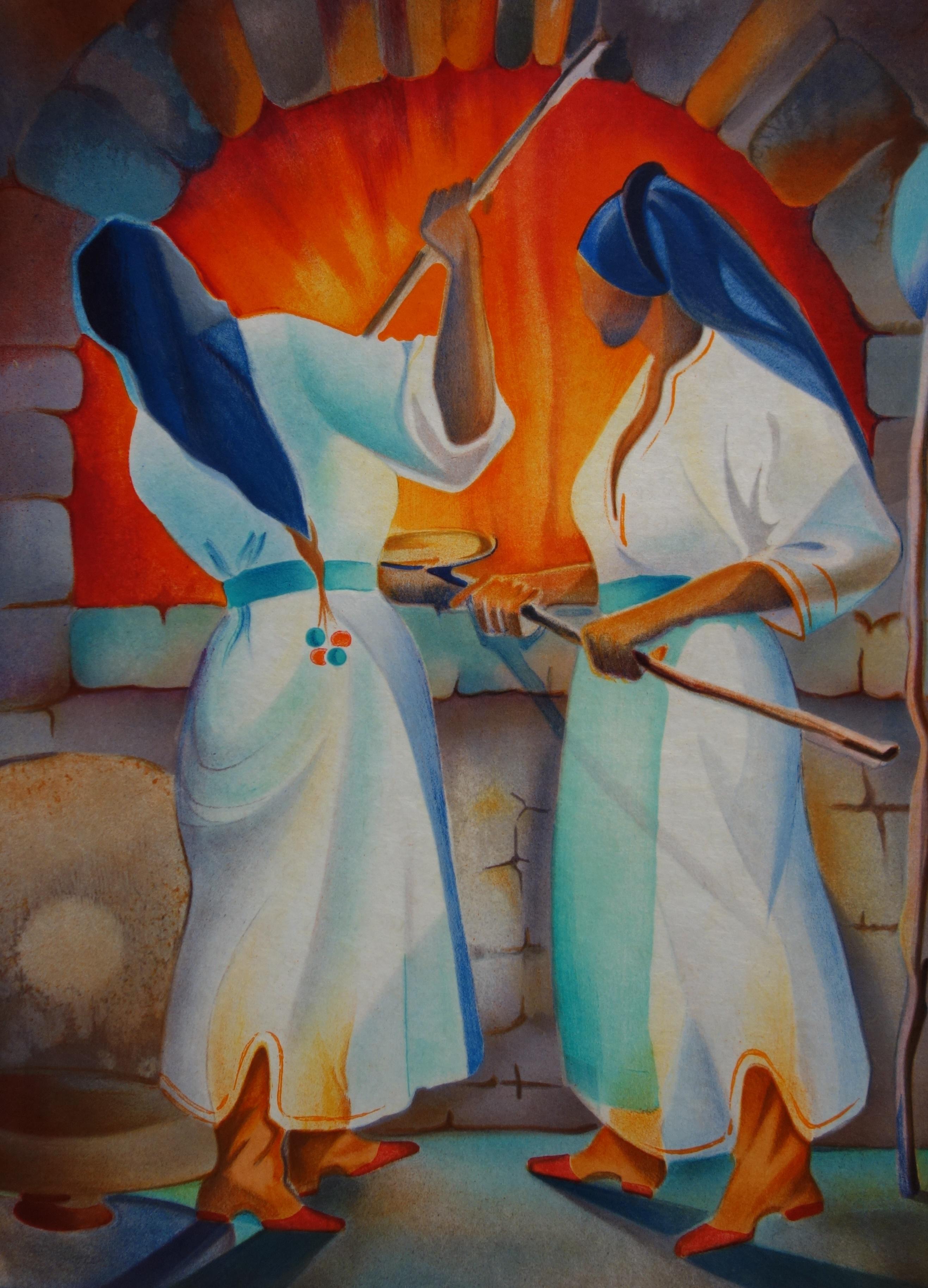 Women of Mykonos  - Original handsigned lithograph - Gray Portrait Print by Janick Lederle