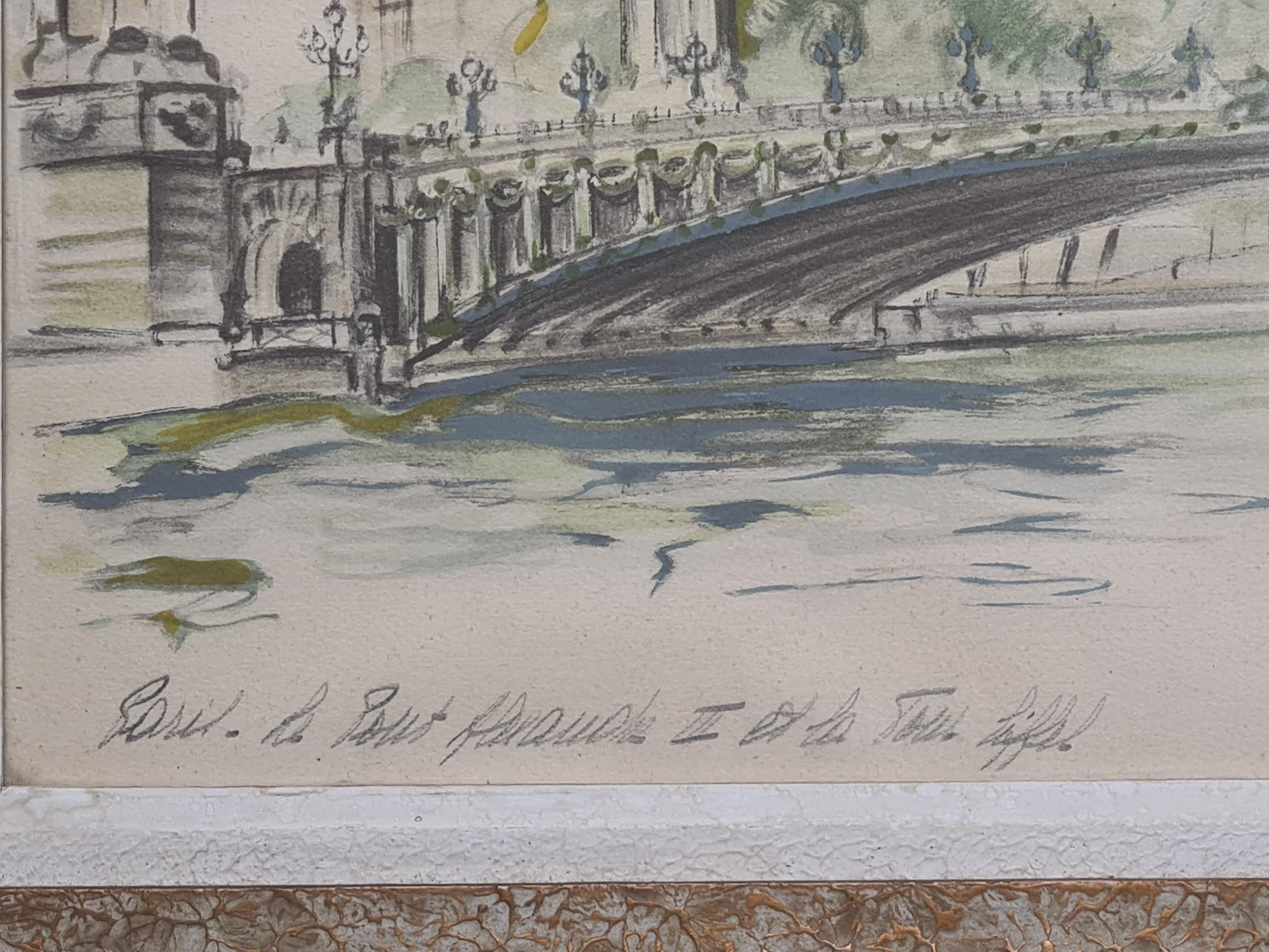 Vue du milieu du siècle dernier de Paris - Le Pont Alexandre III et le Tour Eiffel - Beige Landscape Print par Janicotte