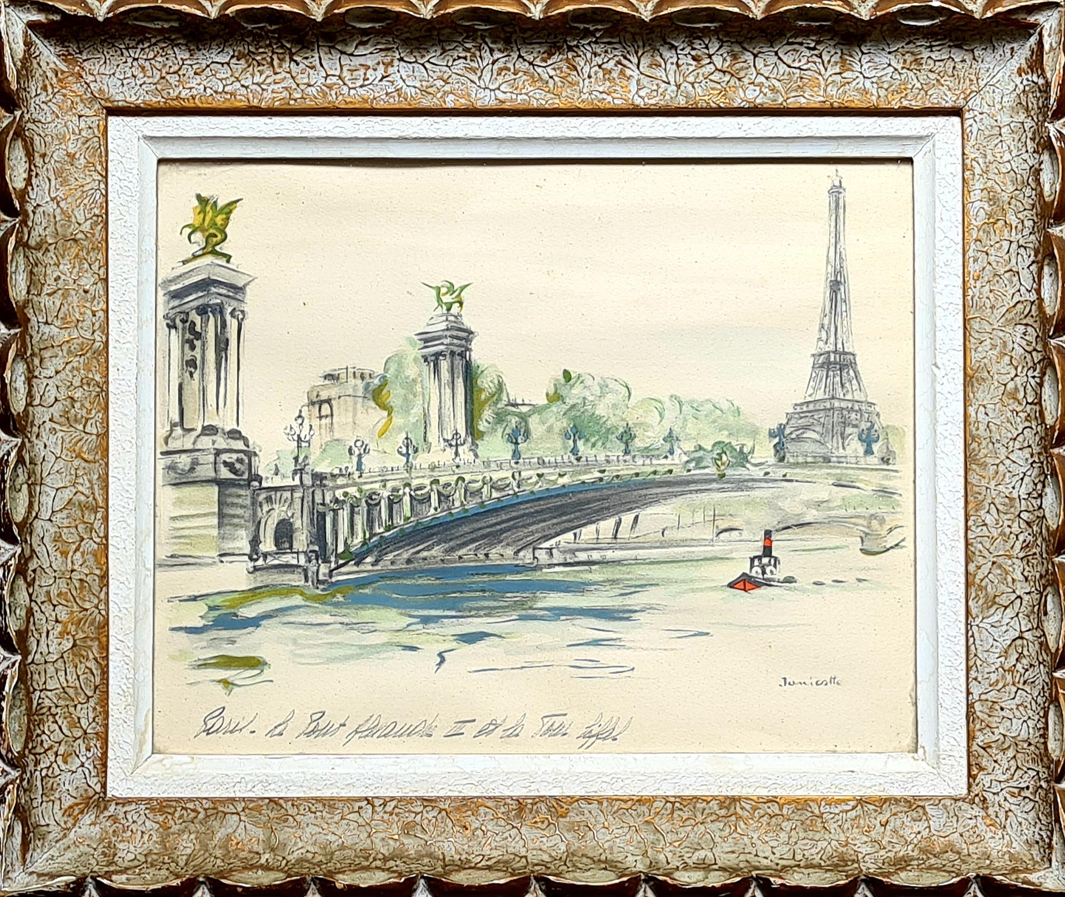 Landscape Print Janicotte - Vue du milieu du siècle dernier de Paris - Le Pont Alexandre III et le Tour Eiffel