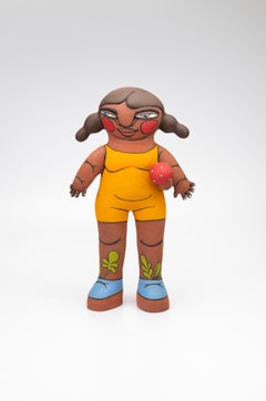 Sculpture figurative contemporaine en céramique, grès, peinture sous glaçure, champignon