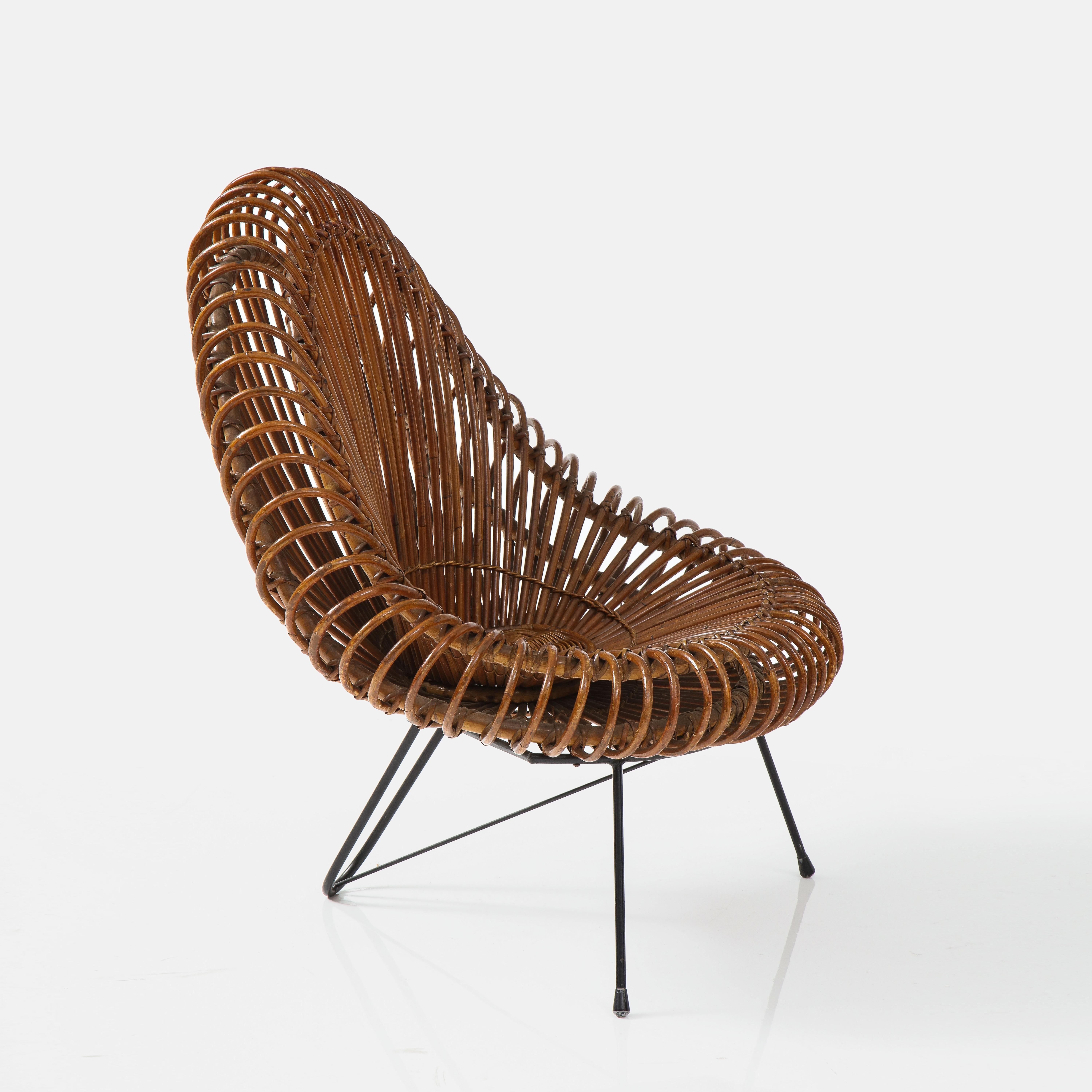 French Janine Abraham and Dirk Jan Rol Sculptural Rattan Lounge Chair, France, 1950s For Sale