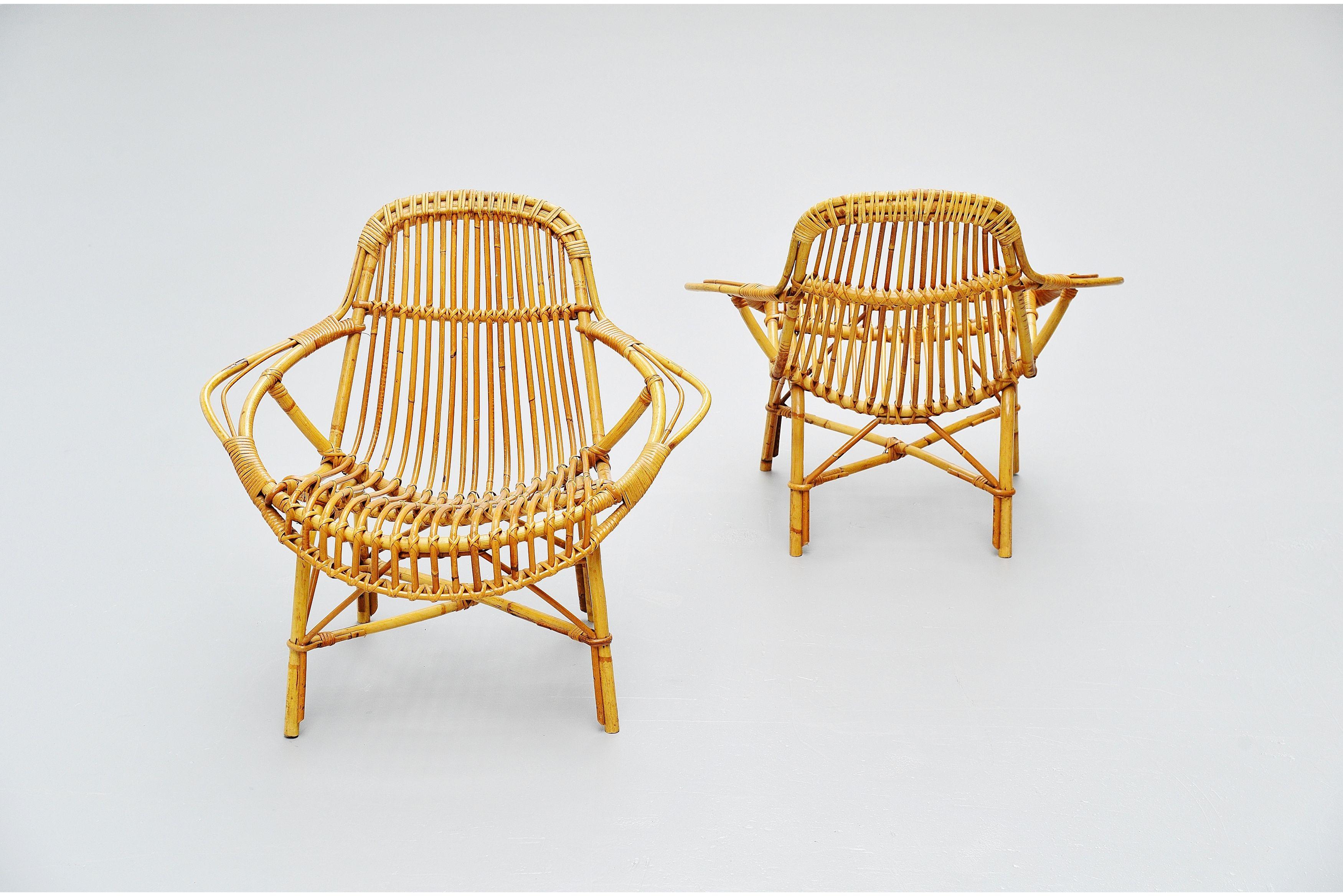 Rattan Janine Abraham Dirk Jan Rol Mantis Lounge Chairs, France, 1950s