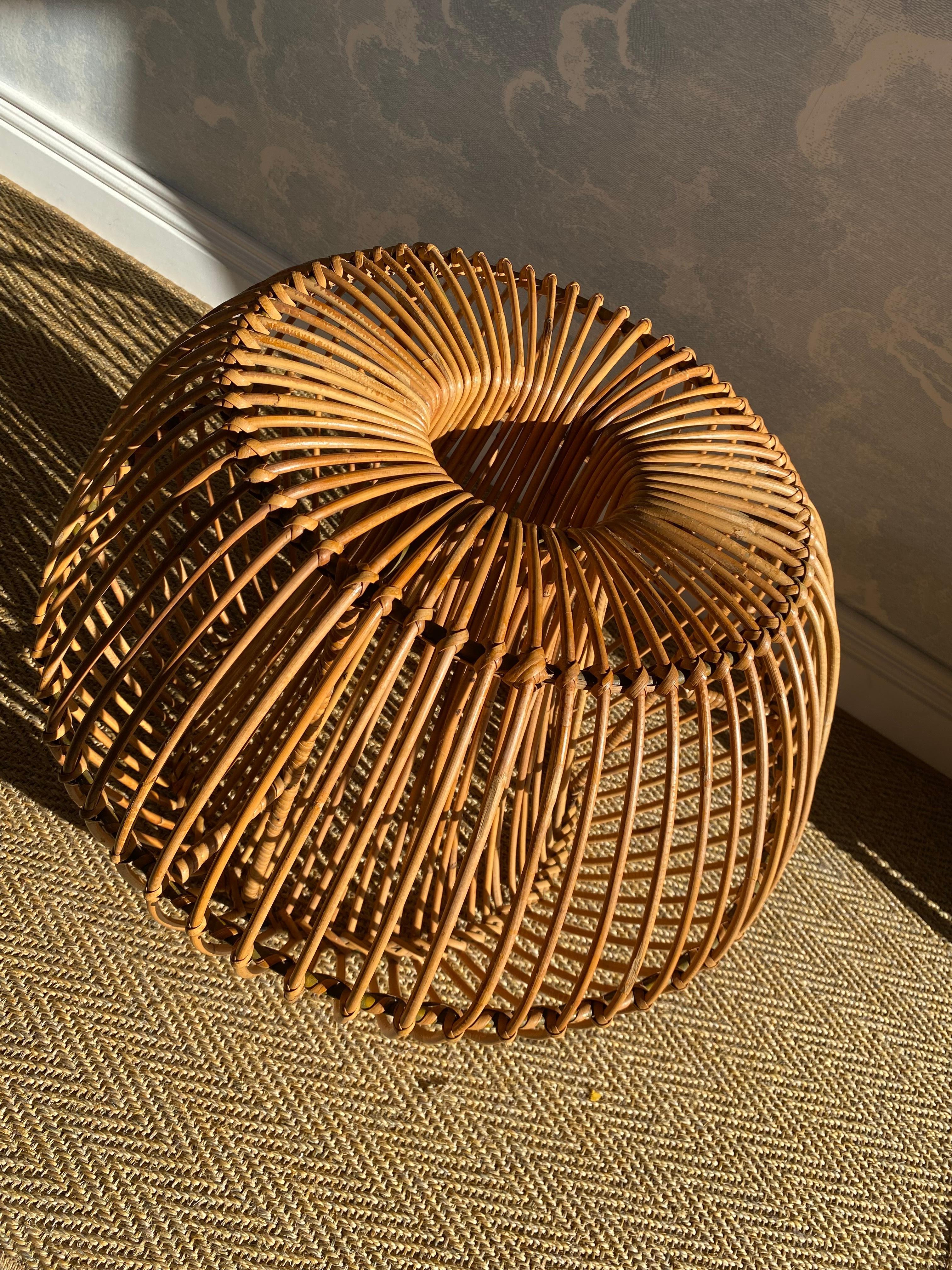 This avantgarde bamboo and ratan stool was designed by Janine Abraham & Dirk-Jan Rol for Maison Rougier in France in the 1960s 

This hand crafted object is in very good condition and includes the original cushion which can be easily removed,