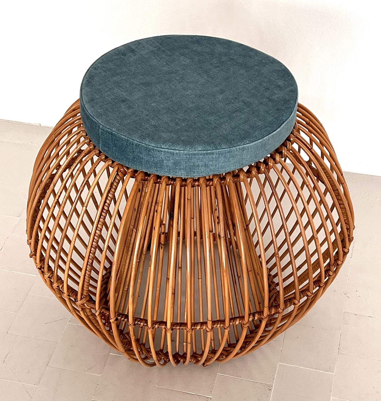French Janine Abraham & Dirk Jan Rol Midcentury Bamboo Stool with new cushion, 1960s For Sale