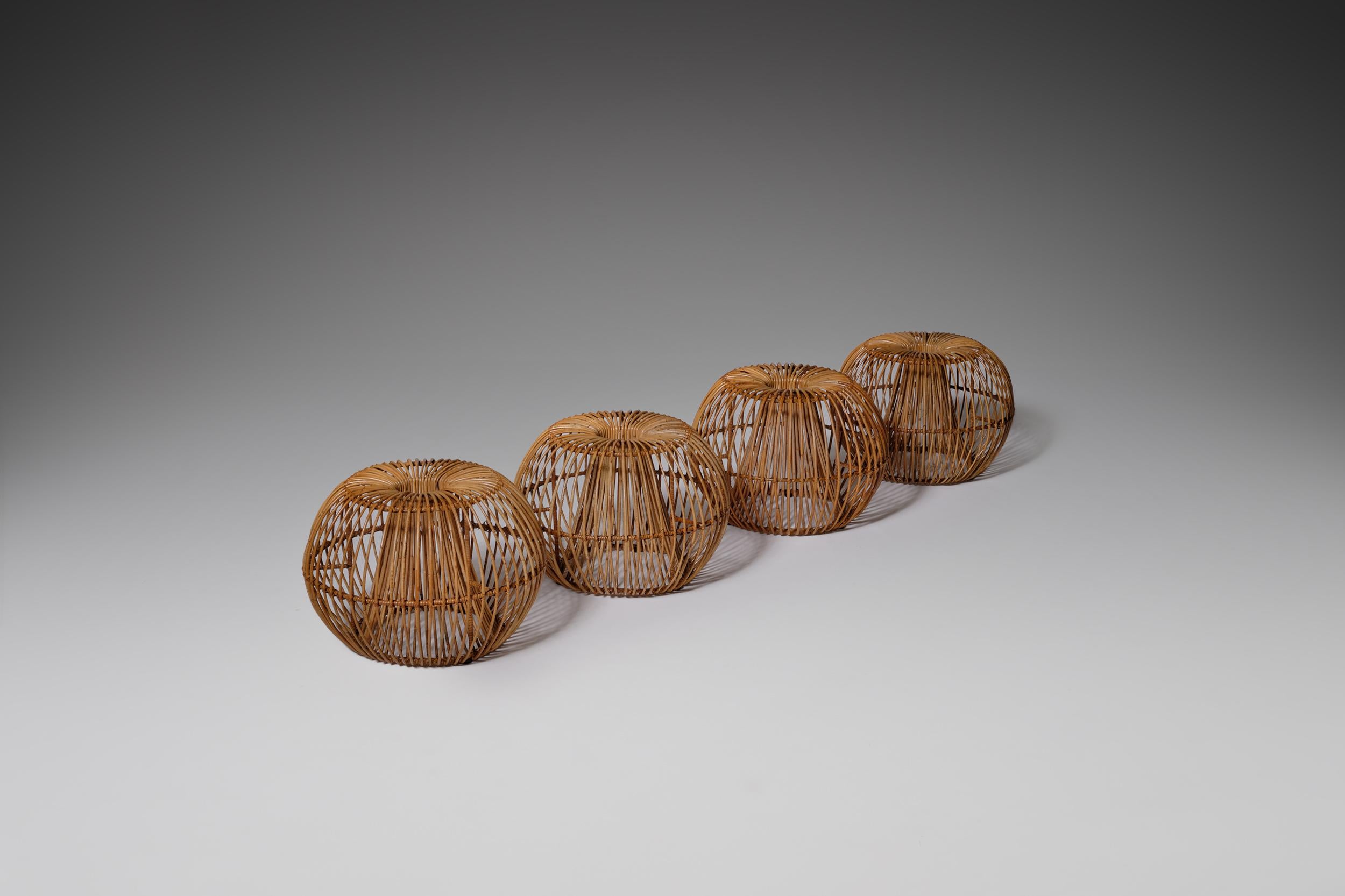 Mid-Century Modern Janine Abraham & Dirk Jan Rol Rattan Stools for Rougier, France, 1950s