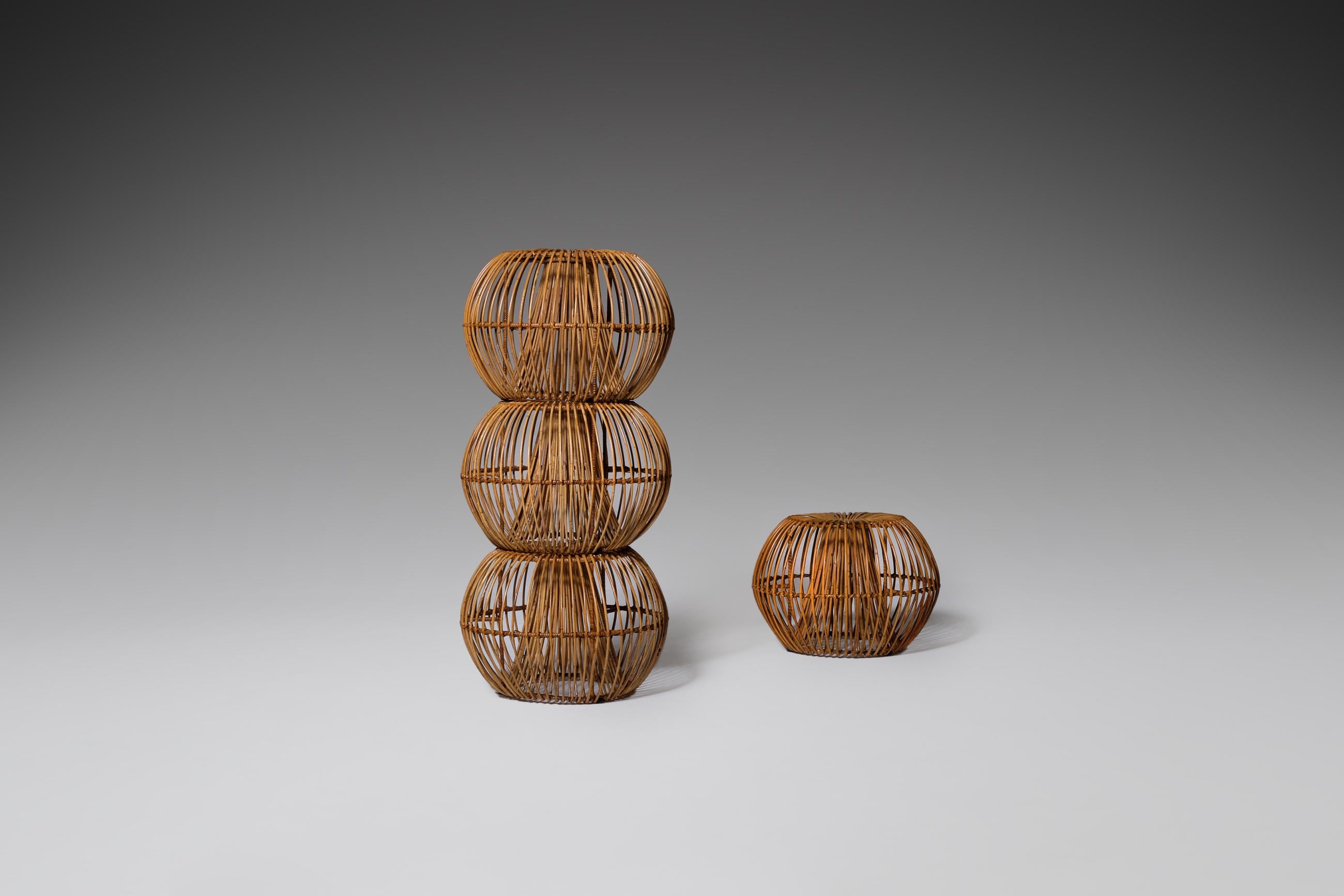 French Janine Abraham & Dirk Jan Rol Rattan Stools for Rougier, France, 1950s