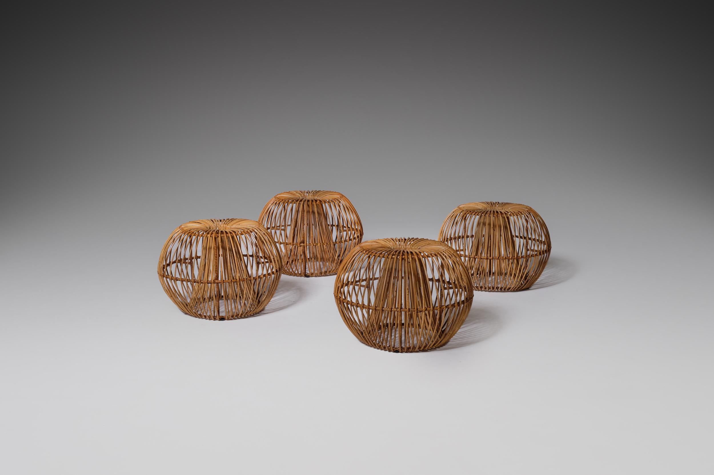 20th Century Janine Abraham & Dirk Jan Rol Rattan Stools for Rougier, France, 1950s