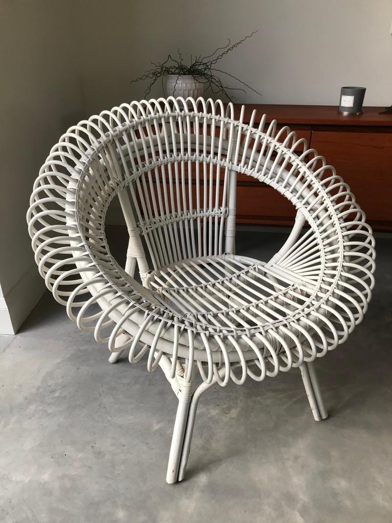 Mid-Century Modern Janine Abraham / Dirk Jan Rol Rattan White Lounge Chair by Edition Rougier 1955 For Sale